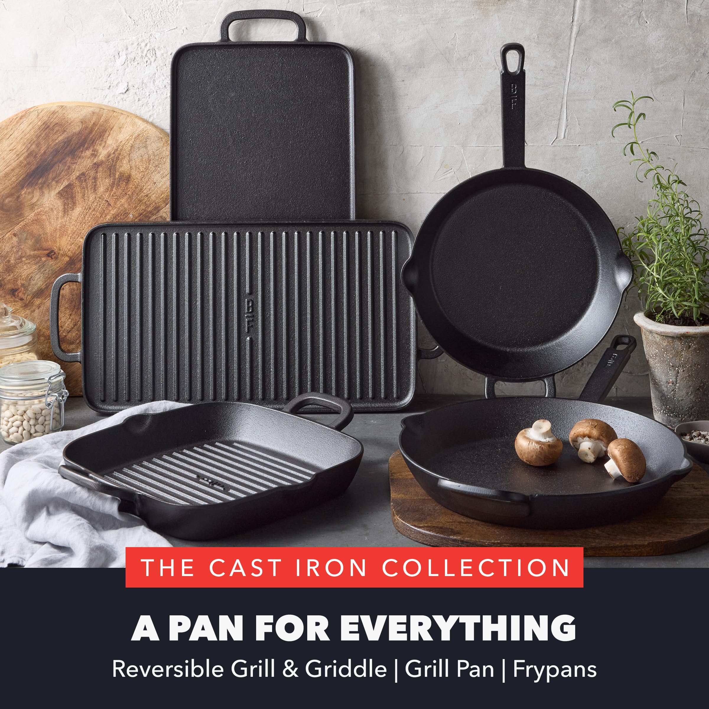 GreenPan x Bobby Flay 12-Inch Pre-Seasoned Cast Iron Skillet with Helper Handle - Professional Heavy Duty Cookware for Induction, Stovetop, Oven & Grill - Perfect for Searing, Baking & Outdoor BBQ - Indoor/Outdoor Use (Black)