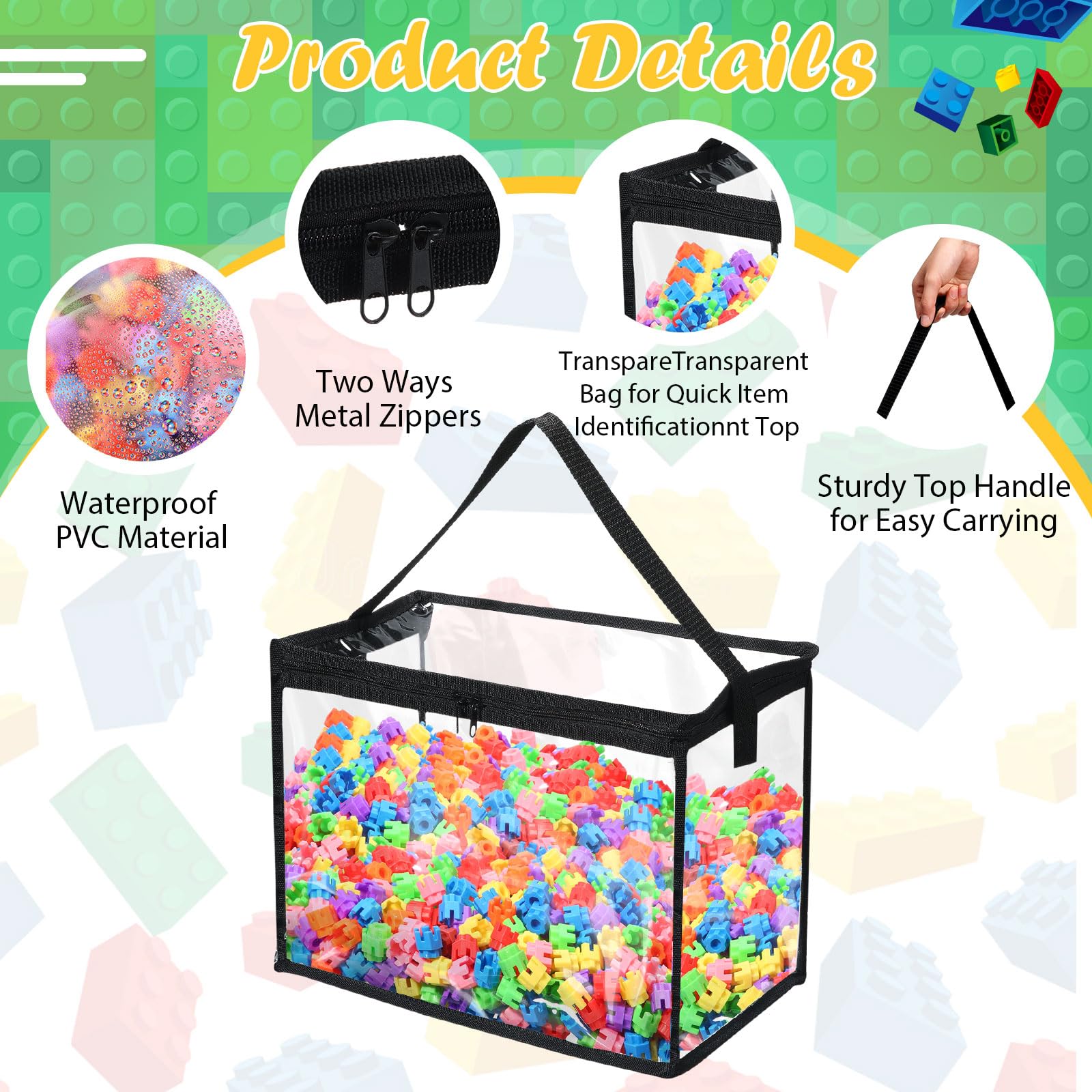 3 Pack Large Clear PVC Toy Storage Bags with Zipper - Organizer for Building Blocks, Board Games & Beach Toys - Perfect for Kids Room, Playroom & Travel Organization