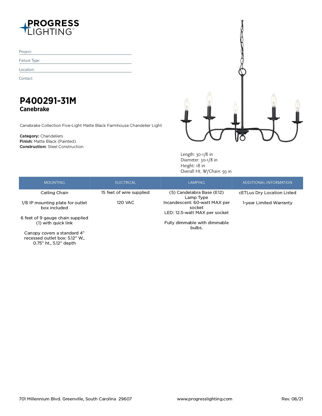 Progress Lighting Canebrake Collection 5-Light Farmhouse Chandelier - Matte Black Finish - Rustic Ceiling Light Fixture for Dining Room, Kitchen, or Entryway