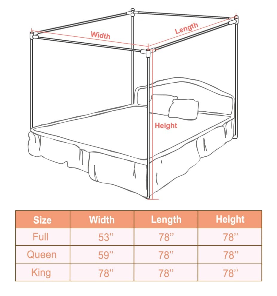 Full Size Canopy Bed Frame - Thick Stainless Steel 4-Post Canopy Frame with Mosquito Net for Bedroom Decor | Romantic & Bohemian Style Bedroom Setup