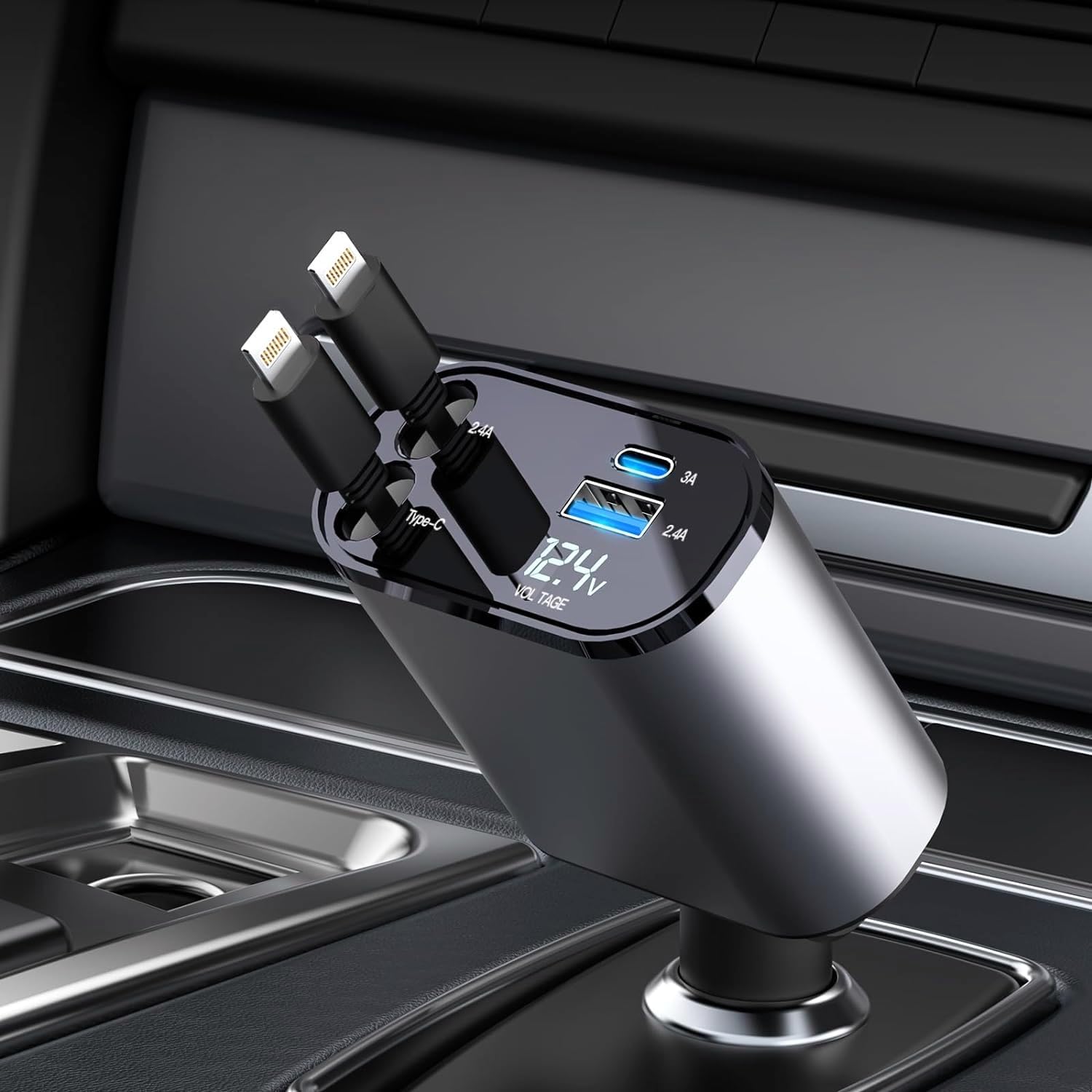 60W Fast Retractable Car Charger with 4-in-1 USB Cables - Compatible with iPhone 15/14/13/12/11, Samsung Galaxy & Google Pixel - Dual Lightning Ports for Quick Charging On The Go - Perfect for Road Trips, Commuting & Travel Accessories