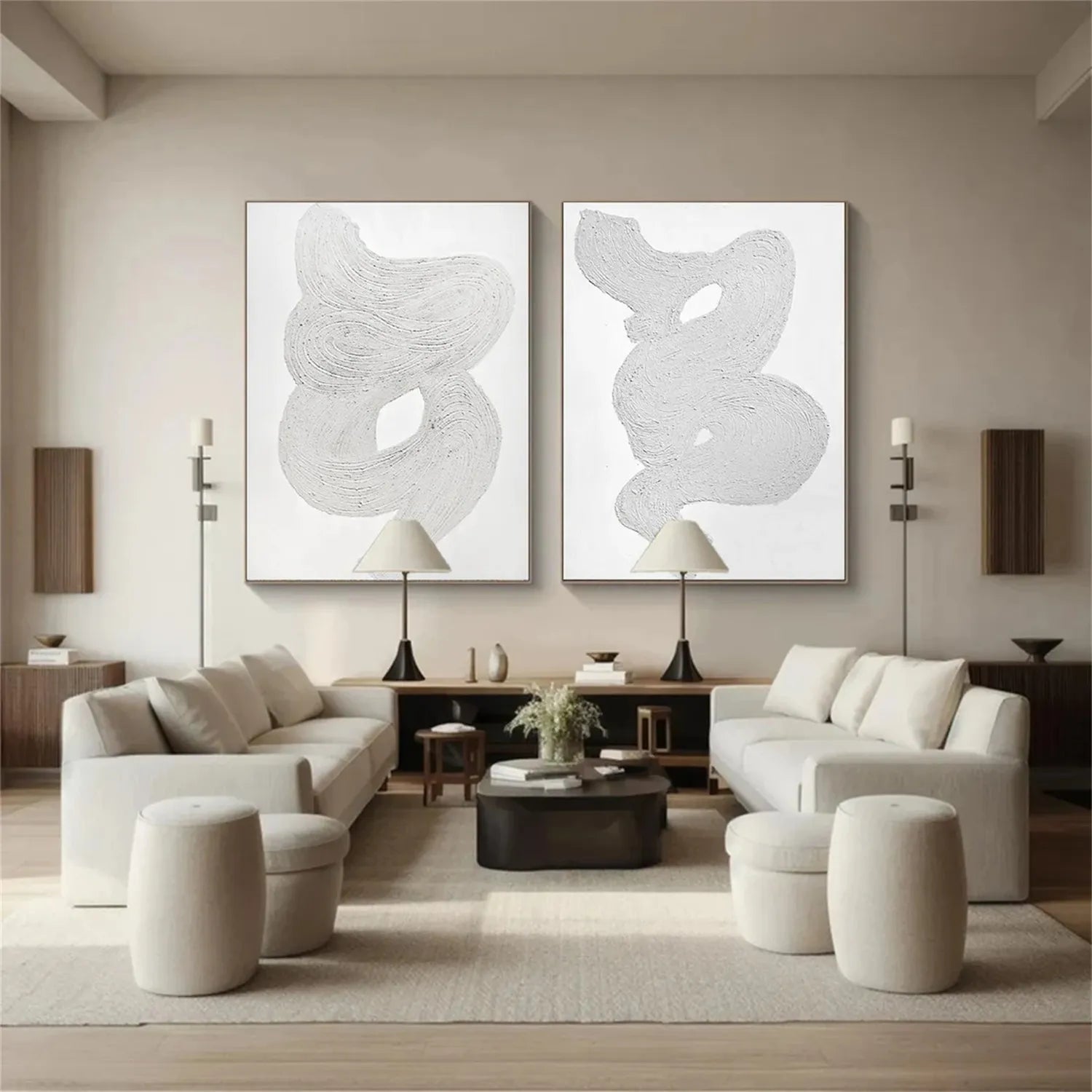 Modern White Minimalist Textured Wall Art - Set of 2 Abstract Canvas Paintings for Living Room & Bedroom Decor | MM276
