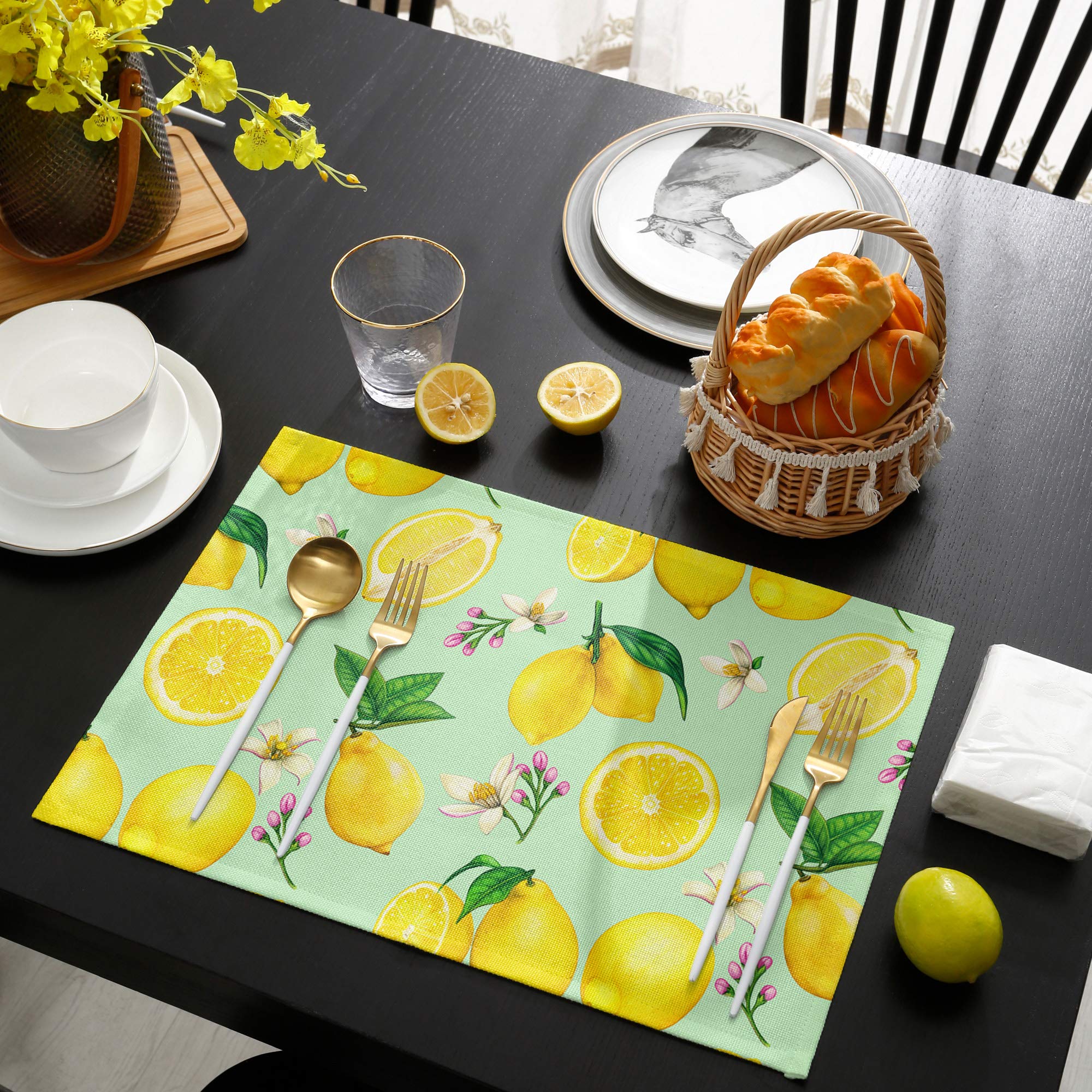 Set of 4 Heat-Resistant Washable Placemats - Elegant Lemon Blossom Design for Dining Table | Farmhouse Summer Kitchen Decor | Perfect for Indoor Picnics, Dinner Parties & Everyday Use