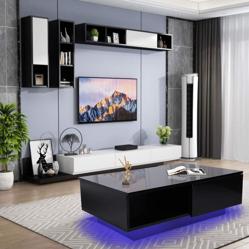 Modern LED Coffee Table with Drawer Storage - High Gloss Rectangle Cocktail Table for Living Room, Office & Home Decor - Black (110V) - Perfect for Entertaining, Relaxing & Stylish Spaces