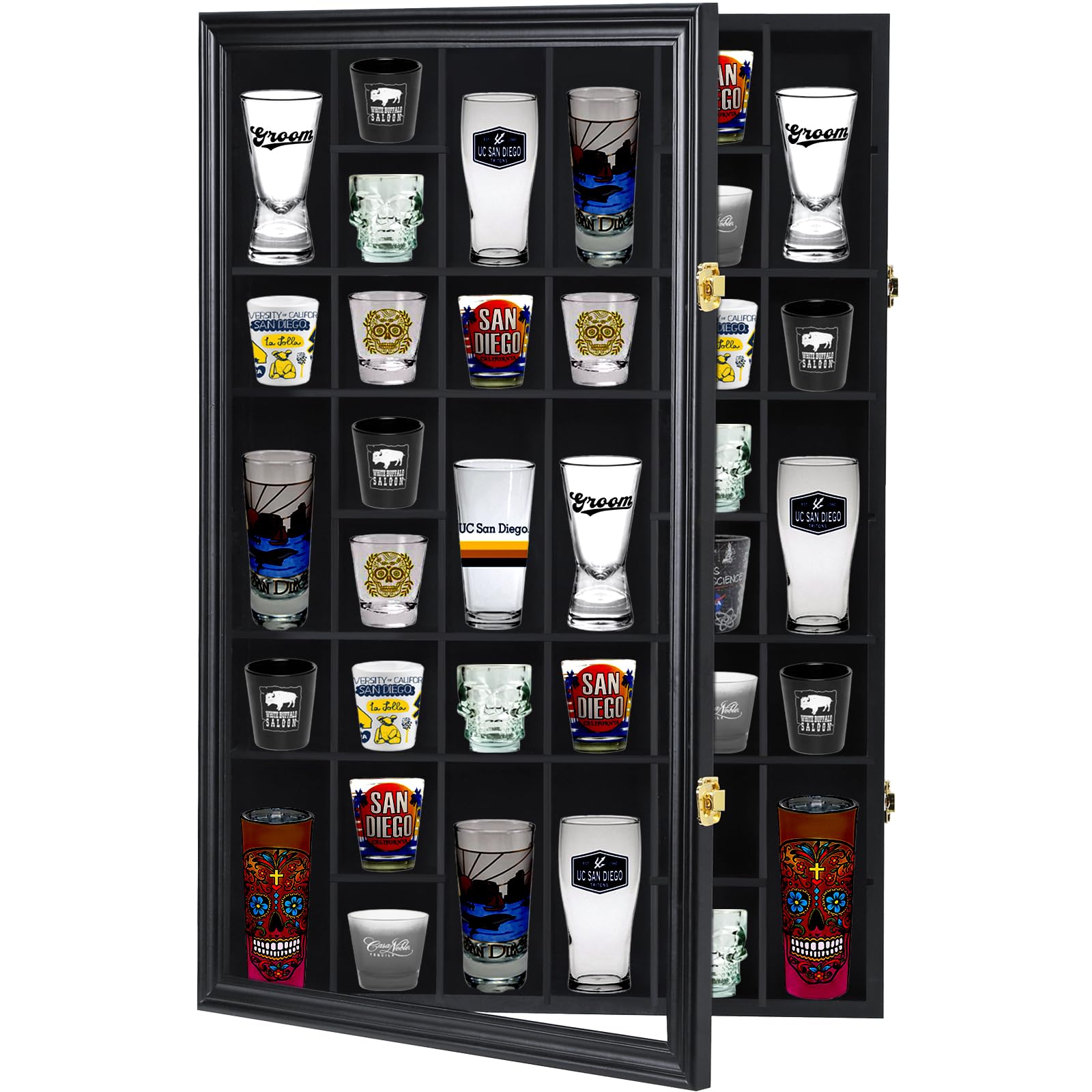 Furnishh 36-Slot Lockable Shot Glass Display Case - Solid Wood Wall Mounted Cabinet with Removable Shelves (18
