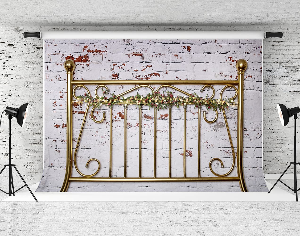 10x10ft Christmas Photography Backdrop - Brass Headboard & Brick Wall Design for Holiday Portraits, Studio Background | Perfect for Christmas Photo Shoots, Family Portraits, and Seasonal Decor