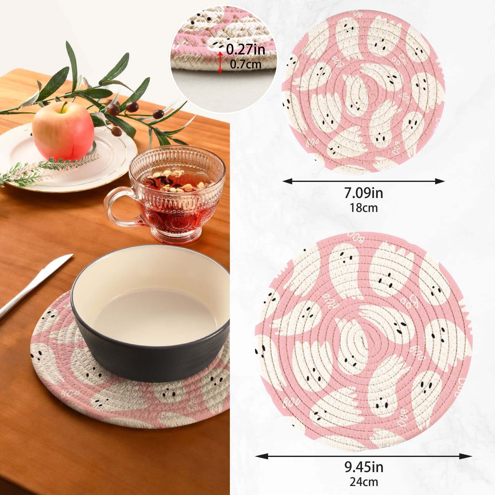 Halloween Ghost Cute Pot Holders Set of 2 - Heat Resistant Kitchen Trivets for Hot Pans, Pots & Bowls - Boo Pink Cotton Woven Hot Pads - Perfect for Halloween Decor & Kitchen Protection