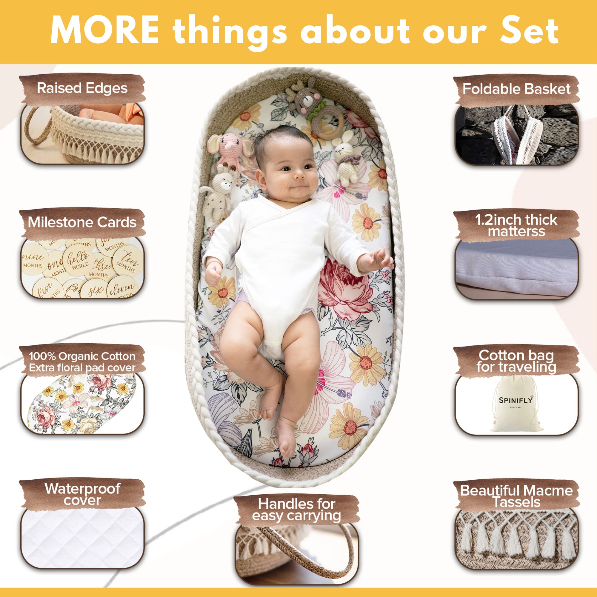 Handmade Macrame Boho Baby Changing Basket Kit - 100% Cotton Woven Moses Basket with Waterproof Pad & Floral Pad, Nursery Decor, Milestone Cards, Changing Table Topper for Dresser - Perfect for Newborn Care, Baby Showers & Boho Nursery Themes