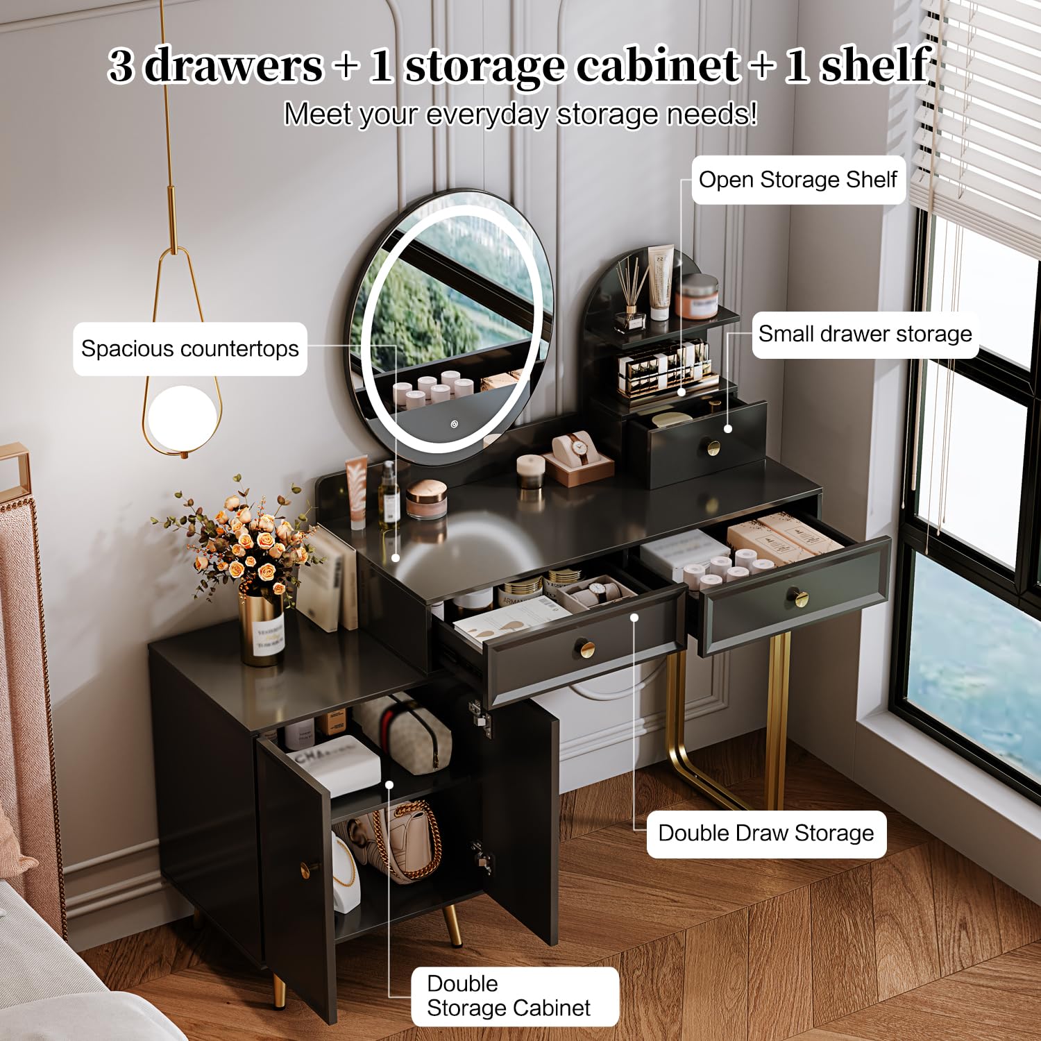 Modern Vanity Desk with Mirror & LED Lights - Small Makeup Table with 2 Spacious Drawers & Adjustable Cabinet - Elegant Dressing Table for Bedroom, Makeup Room, Home Office or Writing Desk - Perfect for Daily Beauty Routine & Workspace Organization