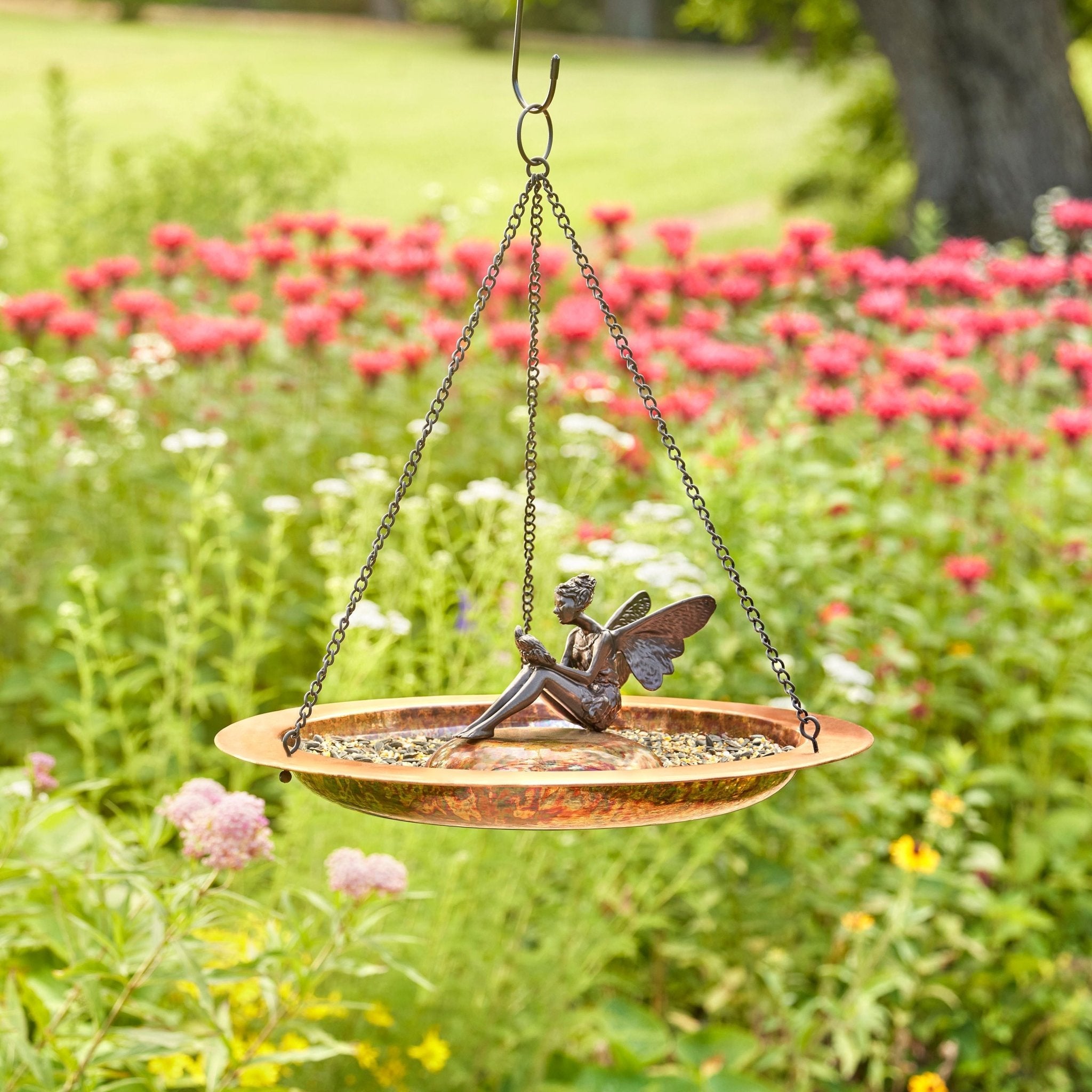 18-Inch Hanging Fired Copper Bird Bath with Fairy - Outdoor Garden Decor for Birds & Fairies - Perfect for Patio, Yard, and Garden Decoration