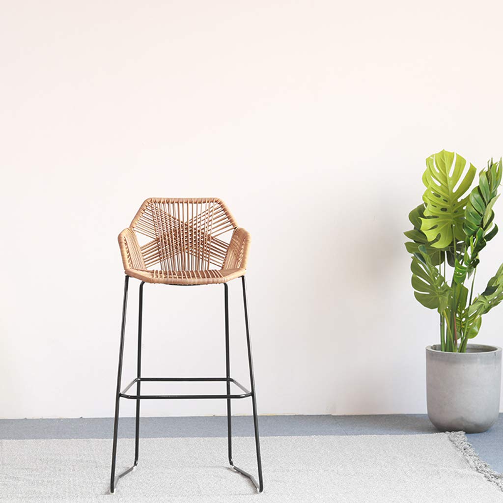 Set of 2 Modern Nordic Bar Stools with Backrest & Footrest - Black Iron Frame & Rattan Wicker Seat - Perfect for Coffee Shops, Restaurants, and Home Bars