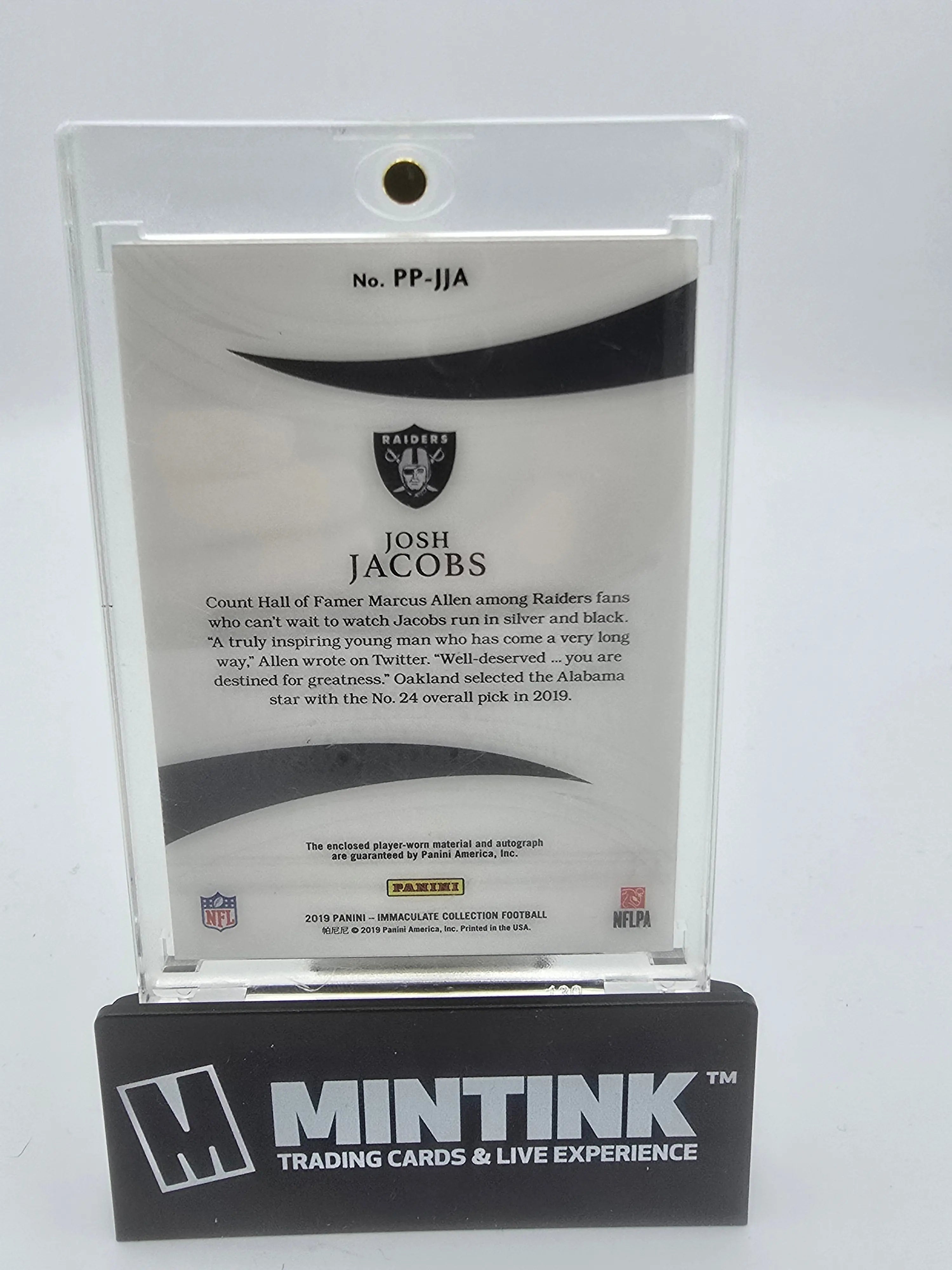 2019 Panini Immaculate Football Josh Jacobs Rookie Card Gold Foil Jersey Patch Autograph /99 - Rare Collectible for NFL Fans & Sports Memorabilia Enthusiasts - Perfect for Display, Investment, and Gifting