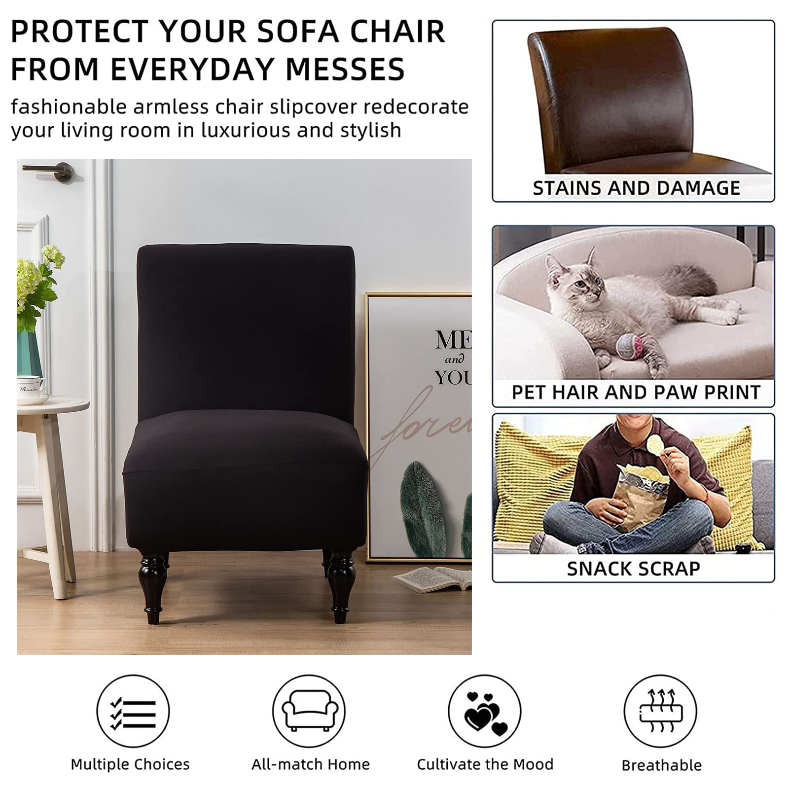 Stretch Spandex Armless Accent Chair Slipcover - Washable Furniture Protector for Slipper Chairs | Fits Living Room, Hotel & Office Use | Black (6-Pack)