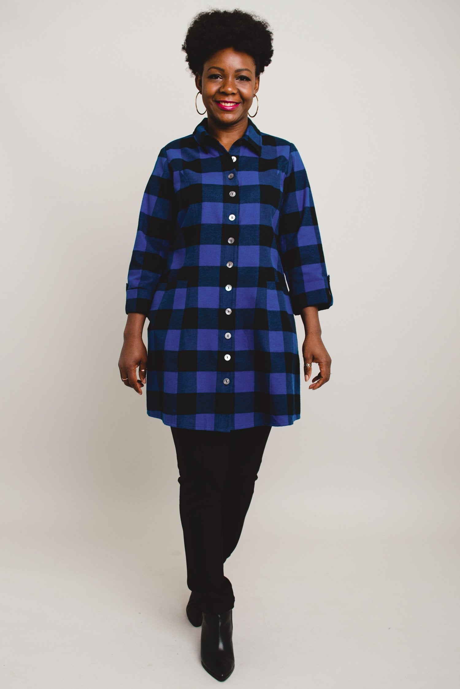 Larissa Tunic Top - Blue Plaid Cotton Flannel Shirt for Women | Cozy Fall & Winter Layering Piece