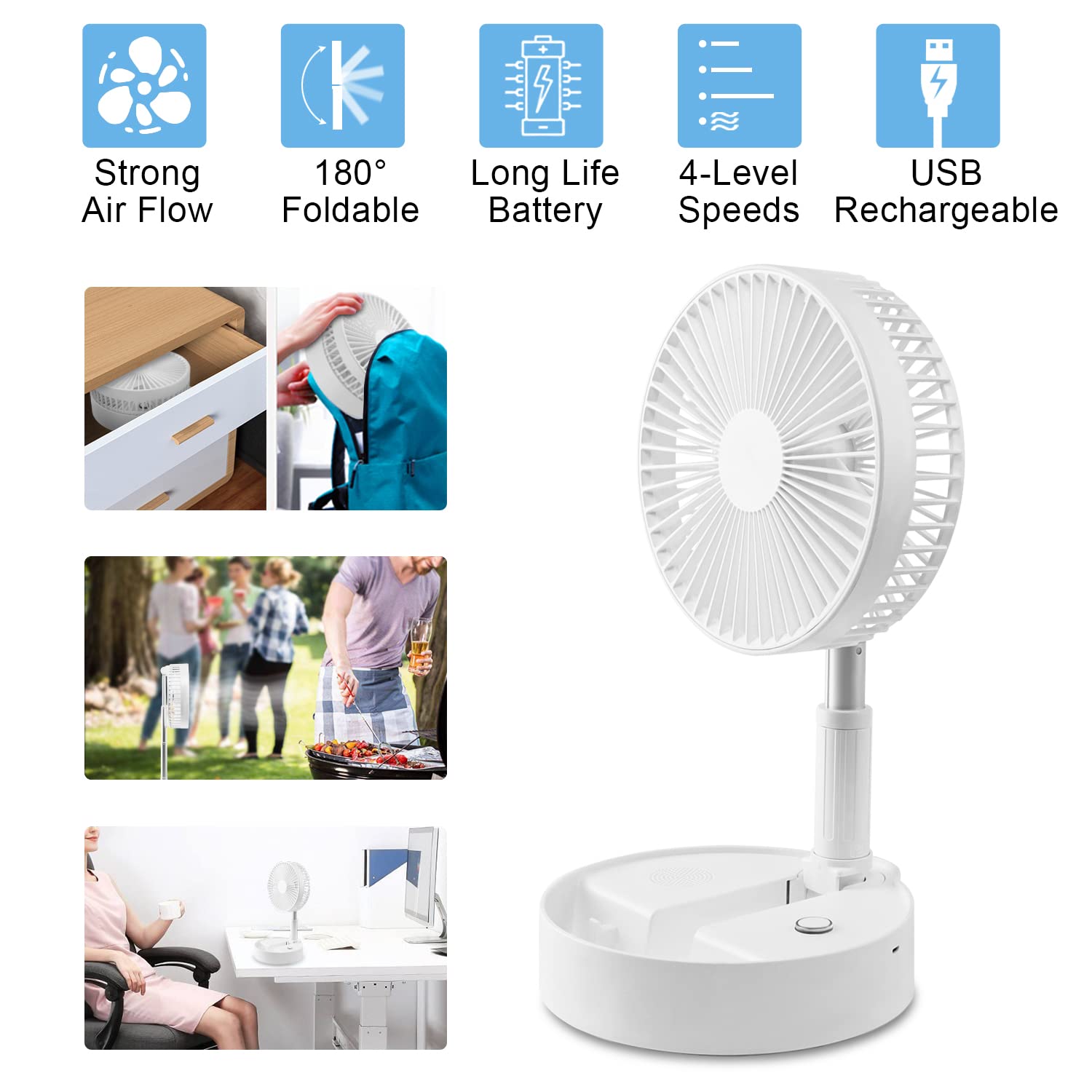 Upgraded 4-Speed Oscillating Fan - Height Adjustable, Folding & Portable with 7200mAh Rechargeable Battery (8.5-33.5 Hours) - Strong Wind for Home, Office, Travel, Camping & Car Use - White