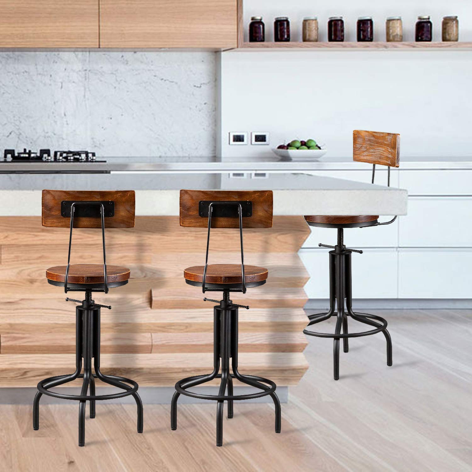 Set of 2 Adjustable Height Industrial Bar Stools - Swivel Farmhouse Kitchen Dining Chairs with Backrest - 19.7 to 25.5 Inch Counter Height - Perfect for Breakfast Bars, Home Kitchens, and Restaurant Seating
