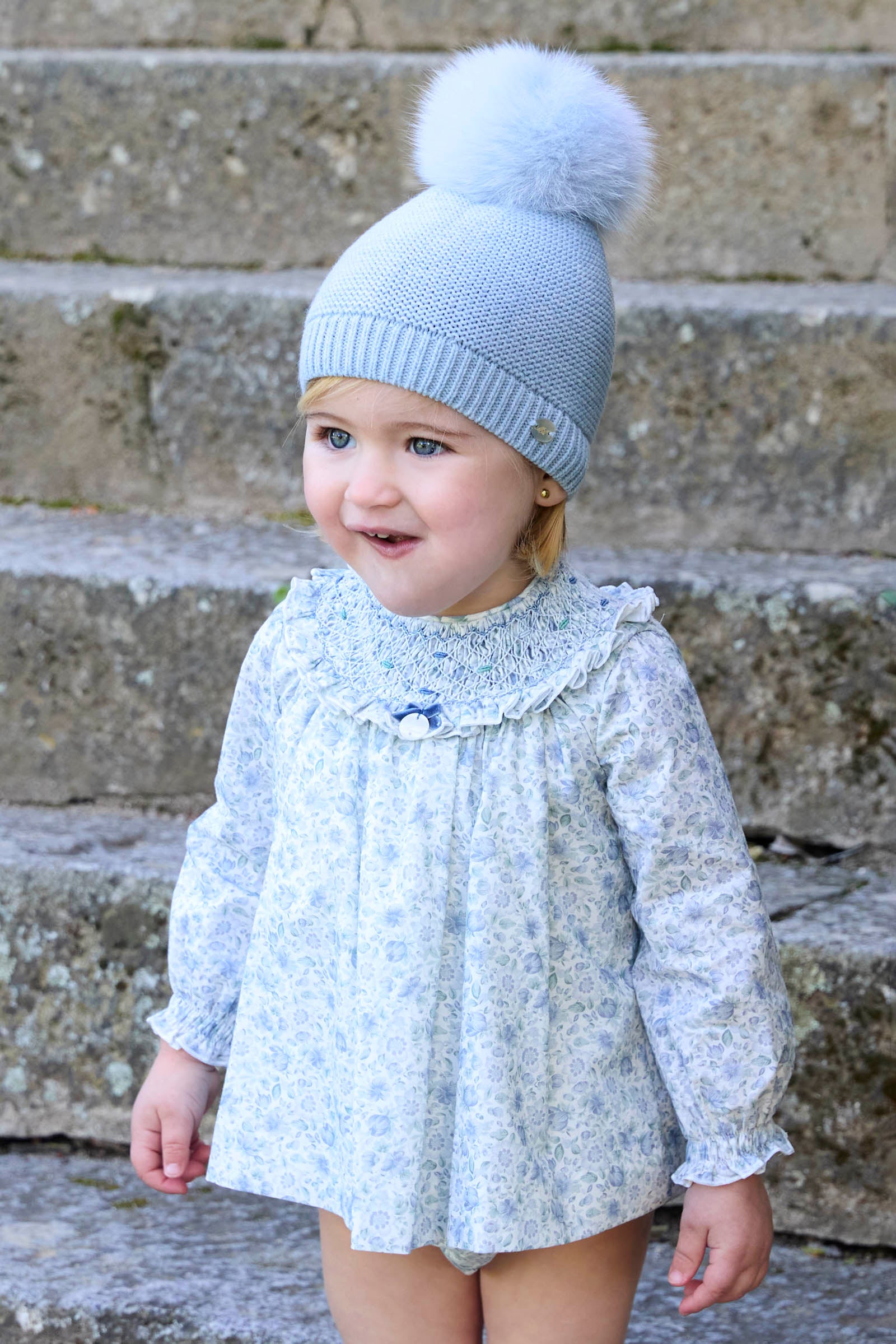 Sophie Powder Blue Floral Smocked Dress & Bloomers Set - Baby Girl's Vintage Style Outfit for Special Occasions, Photo Shoots & Easter Celebrations
