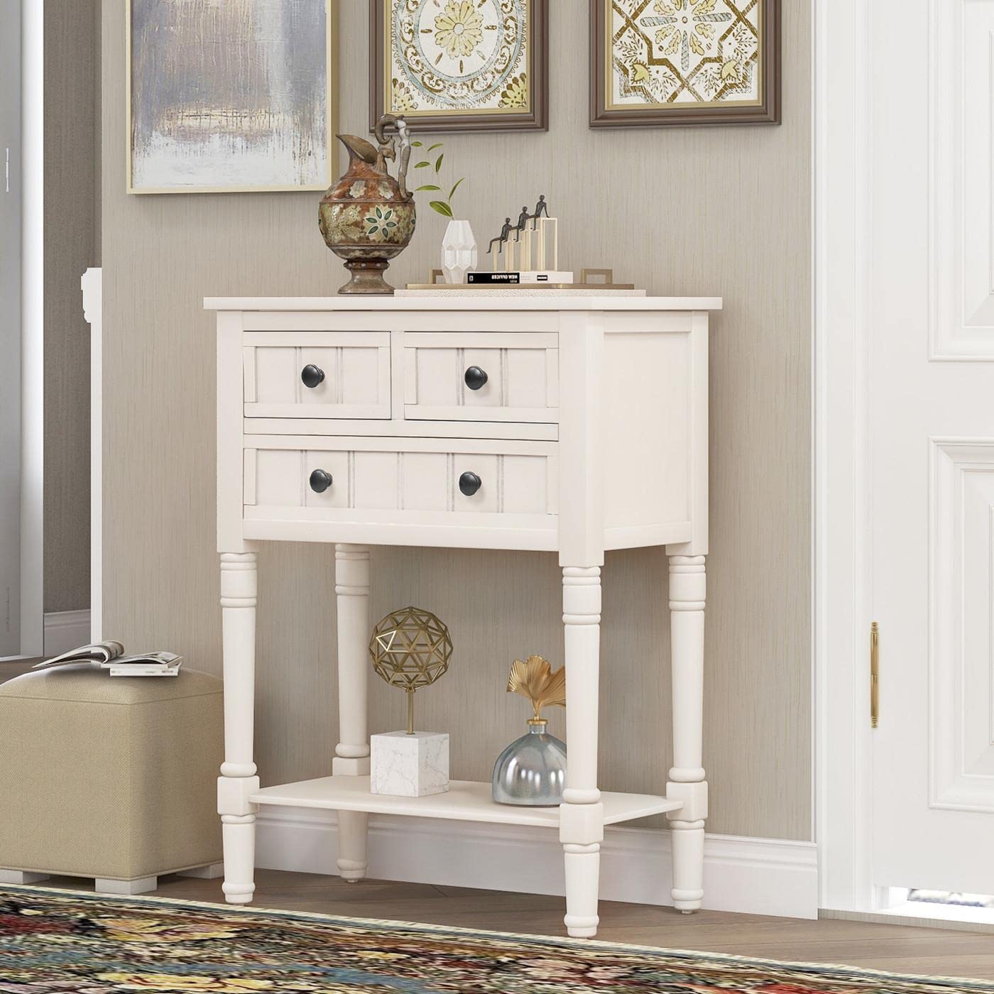 JINS&VICO Ivory Console Table with 3 Drawers & Bottom Shelf - Entryway Sofa Table, Sideboard for Living Room & Dining Room - Perfect for Hallway Storage & Home Decor
