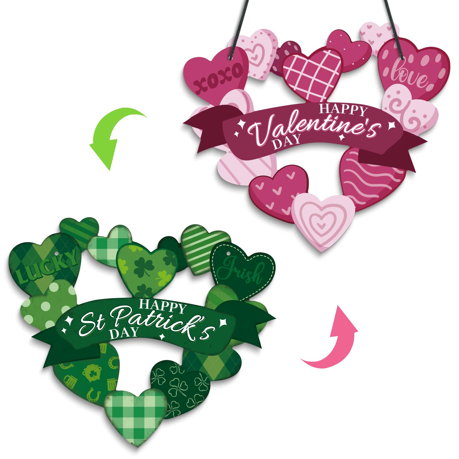 Valentine's Day Heart Wreath - Double-Sided PVC Door Decor for Home & St. Patrick's Day - 14x12 in