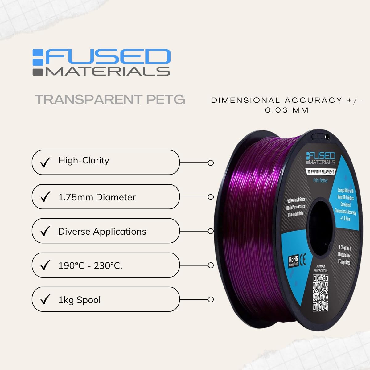 Premium PETG 3D Printer Filament - 1kg Spool (1.75mm) with High Precision +/-0.03mm for Strong, Durable Prints - Perfect for Functional Prototypes, Cosplay Props & DIY Projects