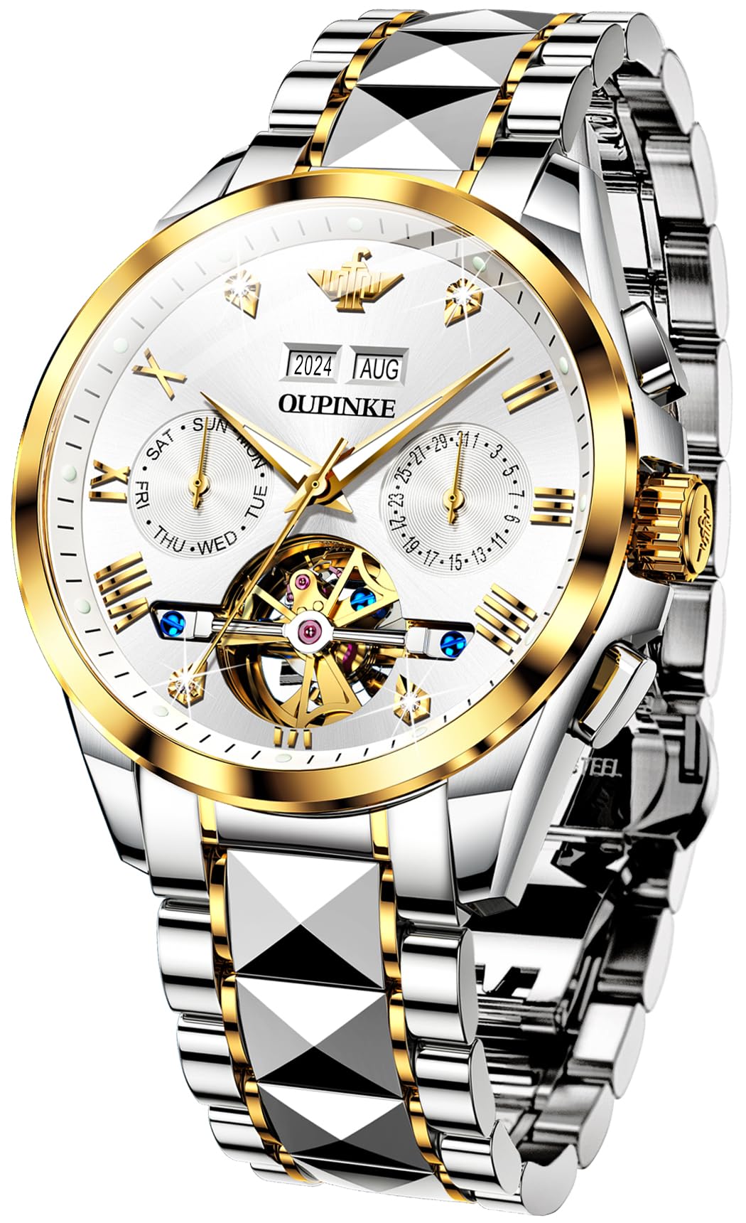 Luxury Men's Automatic Skeleton Watch with Diamond Accents - Self-Winding Mechanical Dress Watch - Sapphire Crystal & Tungsten Steel Band - Perfect for Business, Formal Events & Gift Giving