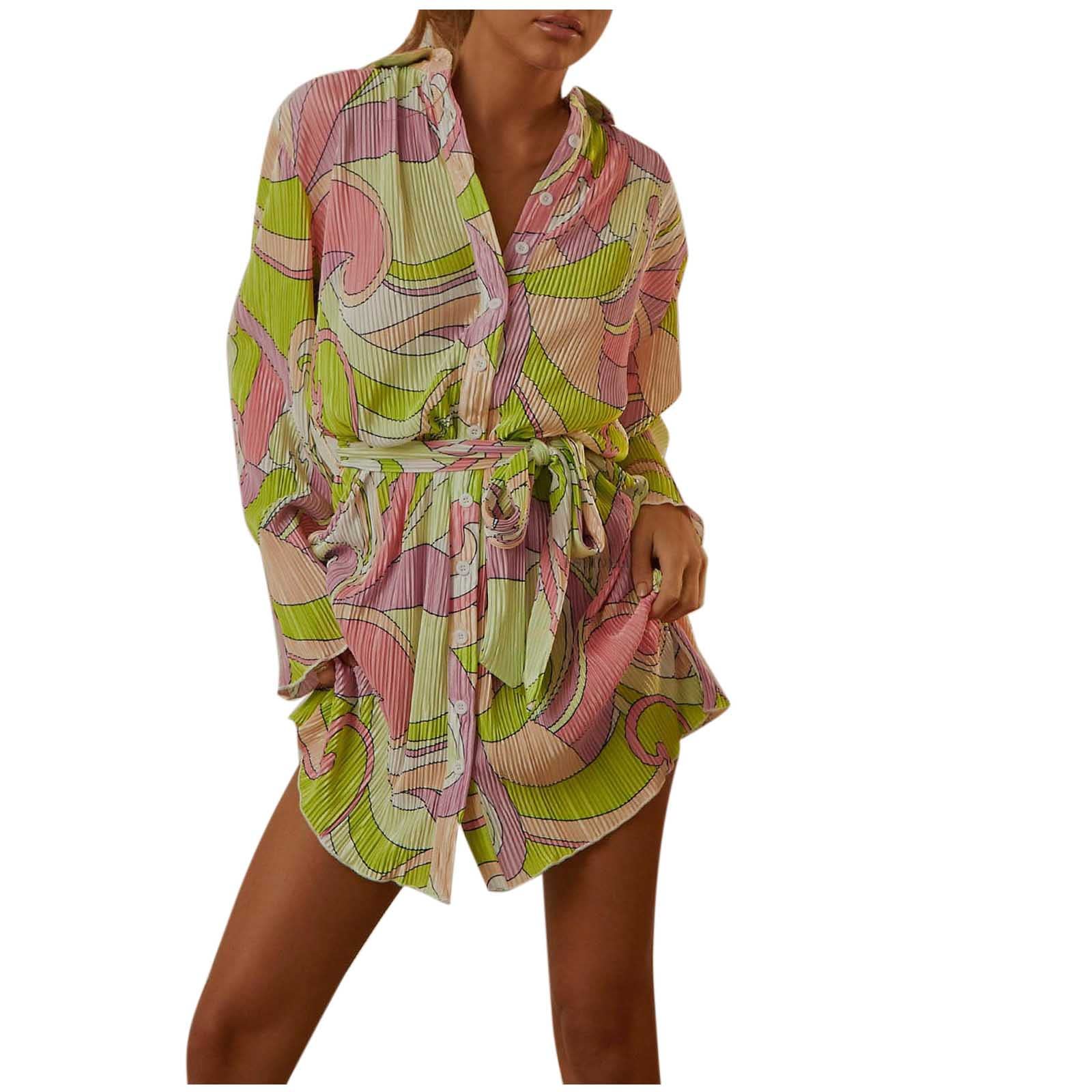 Women's Floral Print Long Sleeve Lapel Mini Dress with Belt - Button Front Ruched Bodycon Shirt Dress for Casual Summer & Fall Wear | Perfect for Office, Date Night and Weekend Outings