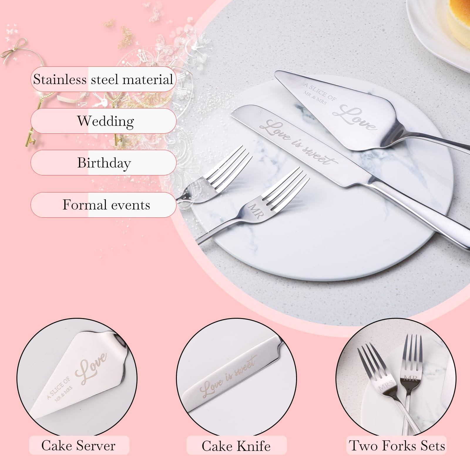 Elegant Silver Wedding Cake Knife and Server Set with Forks - 4 Piece Mr & Mrs Cake Cutting Set for Bride and Groom | Perfect for Wedding Ceremonies, Bridal Showers, Engagement, Anniversary & Birthday Gifts