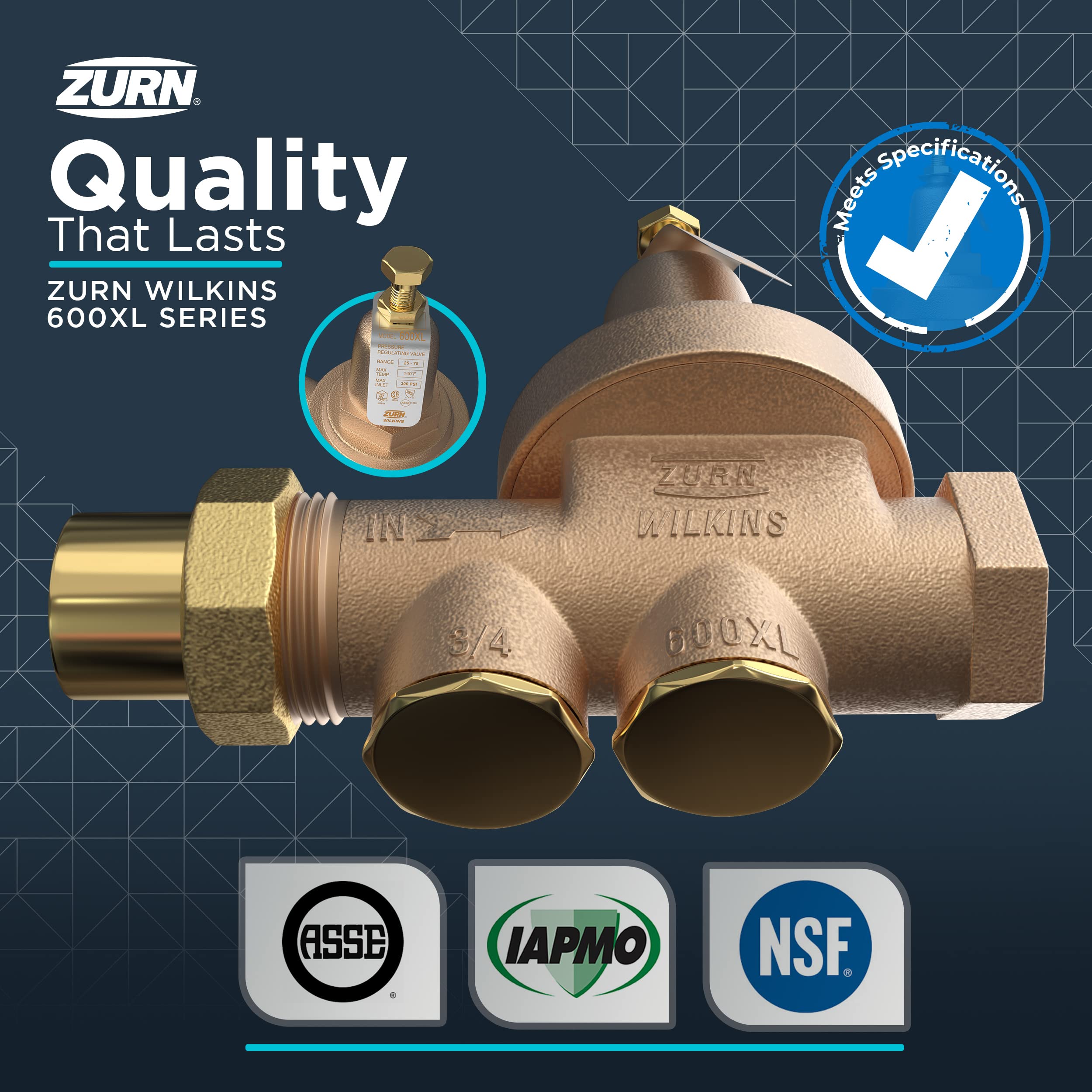 Zurn Wilkins 1-600XLC 1 Inch 600XL Pressure Reducing Valve with Copper/Sweat Connections - Ideal for Residential & Commercial Plumbing Systems, Water Pressure Regulation