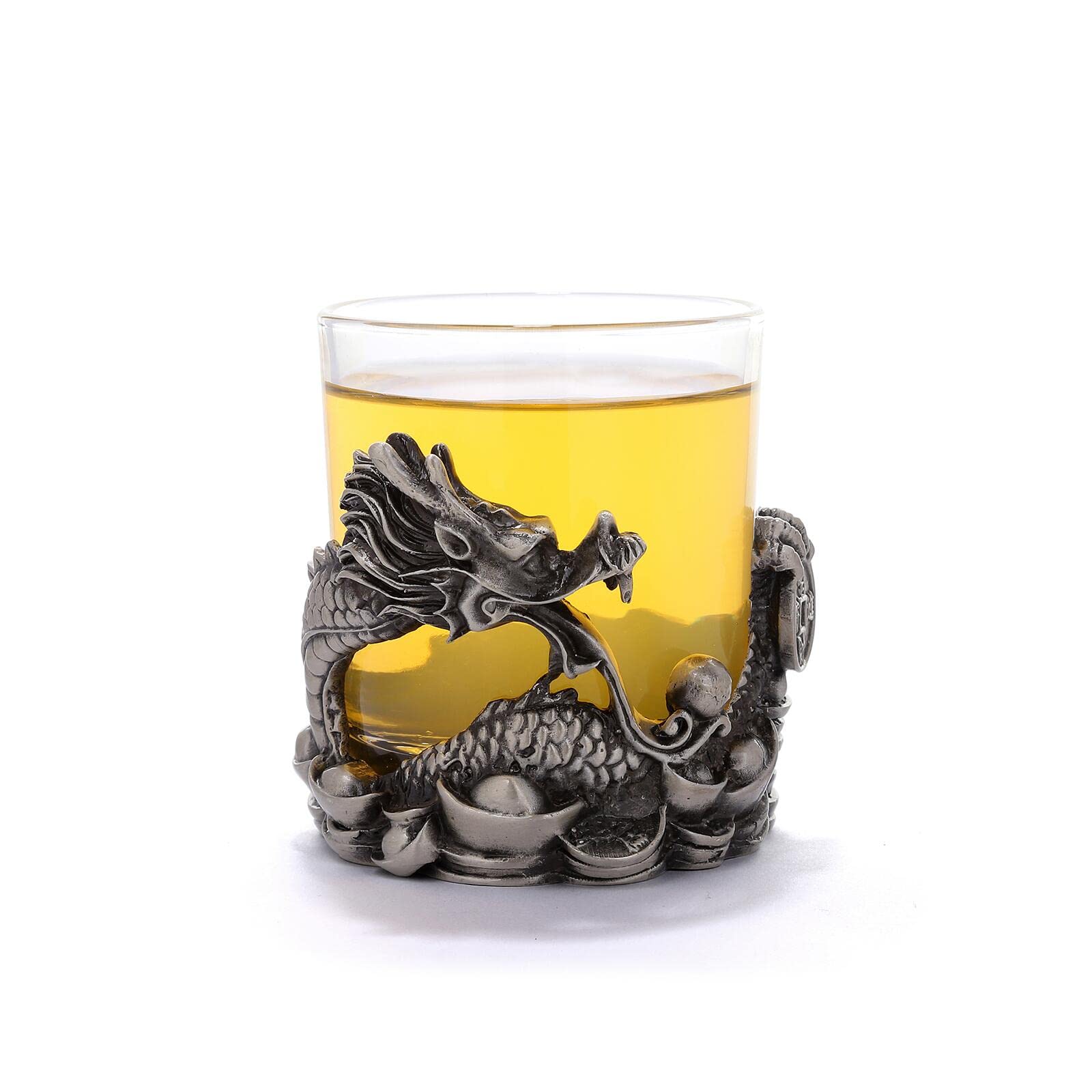 Dragon Shaped Metal Cup Holder with Glasses - Burnished Silver Desk Drink Holder & Office Decor for Home, Gaming Setup, and D&D Tabletop Accessories