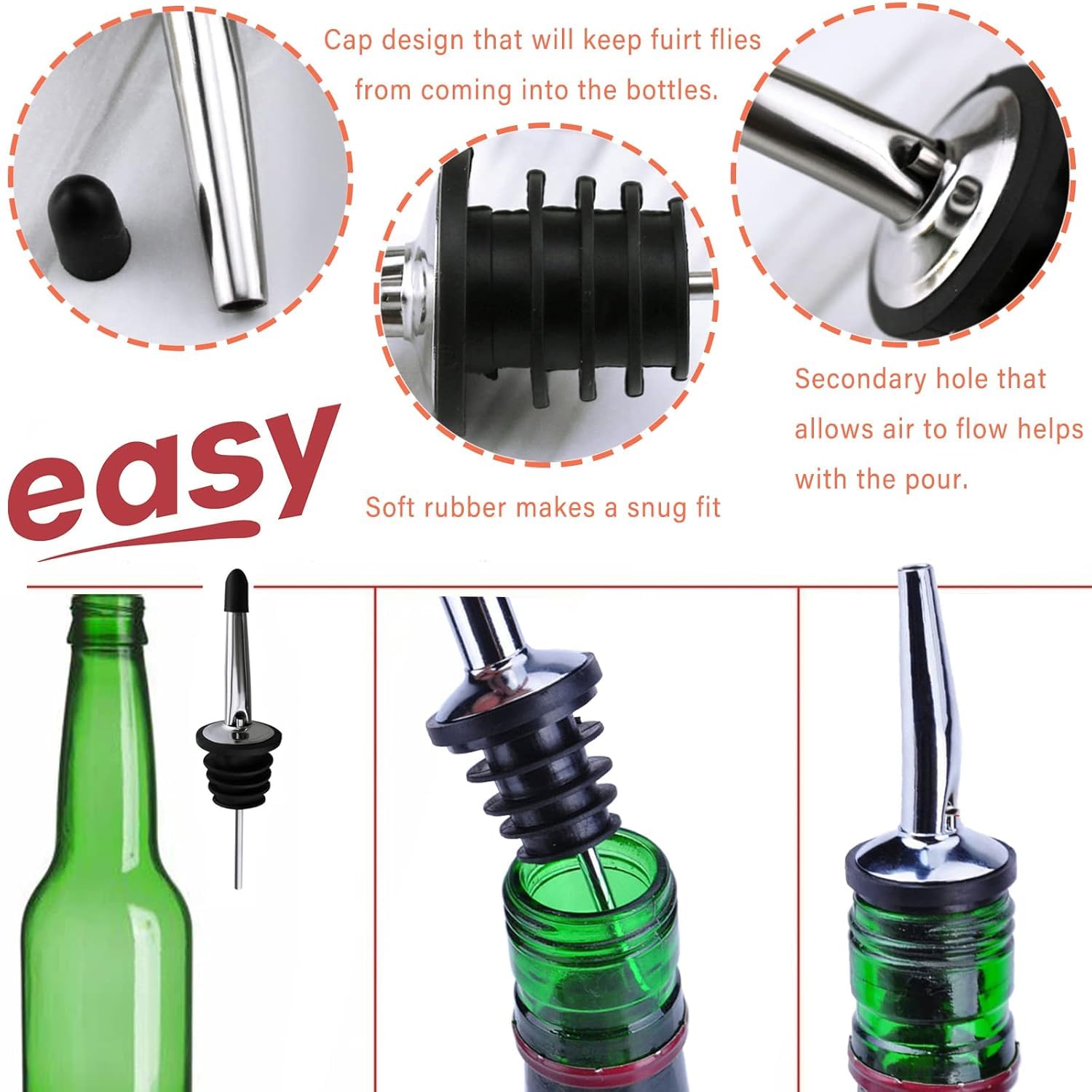 Premium Olive Oil Liquor Wine Free Flow Dispensers Caps - 2 Pack with Black Dust Cover - Perfect for Restaurants, Bars, Hotels & Home Kitchens - Ideal for Easy Pouring of Olive Oil, Liquor, Wine and Spirits