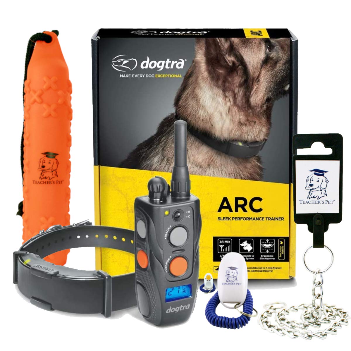 ARC Slim 3/4-Mile Remote Dog Training E-Collar - 127-Level Precision Control LCD Screen with Teacher's Pet Complete Training Kit (Includes Clicker, Stainless Steel Chain Lead & Hunting Dummy Bumper) - Perfect for Obedience Training, Hunting & Outdoor Adventures