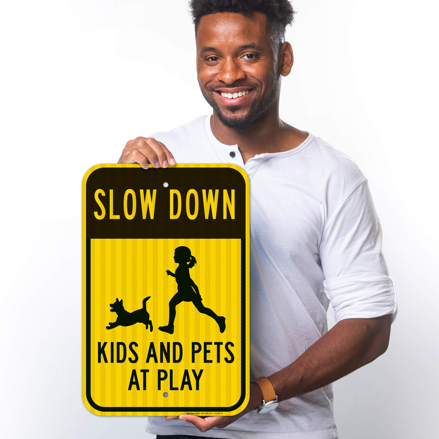 Slow Down Kids and Pets at Play Sign - 12x18 Inch Reflective Aluminum Traffic Sign - 3M EGP .063 Fade-Resistant for Indoor/Outdoor Use - Made in USA - Perfect for Neighborhoods, Schools & Driveway Safety