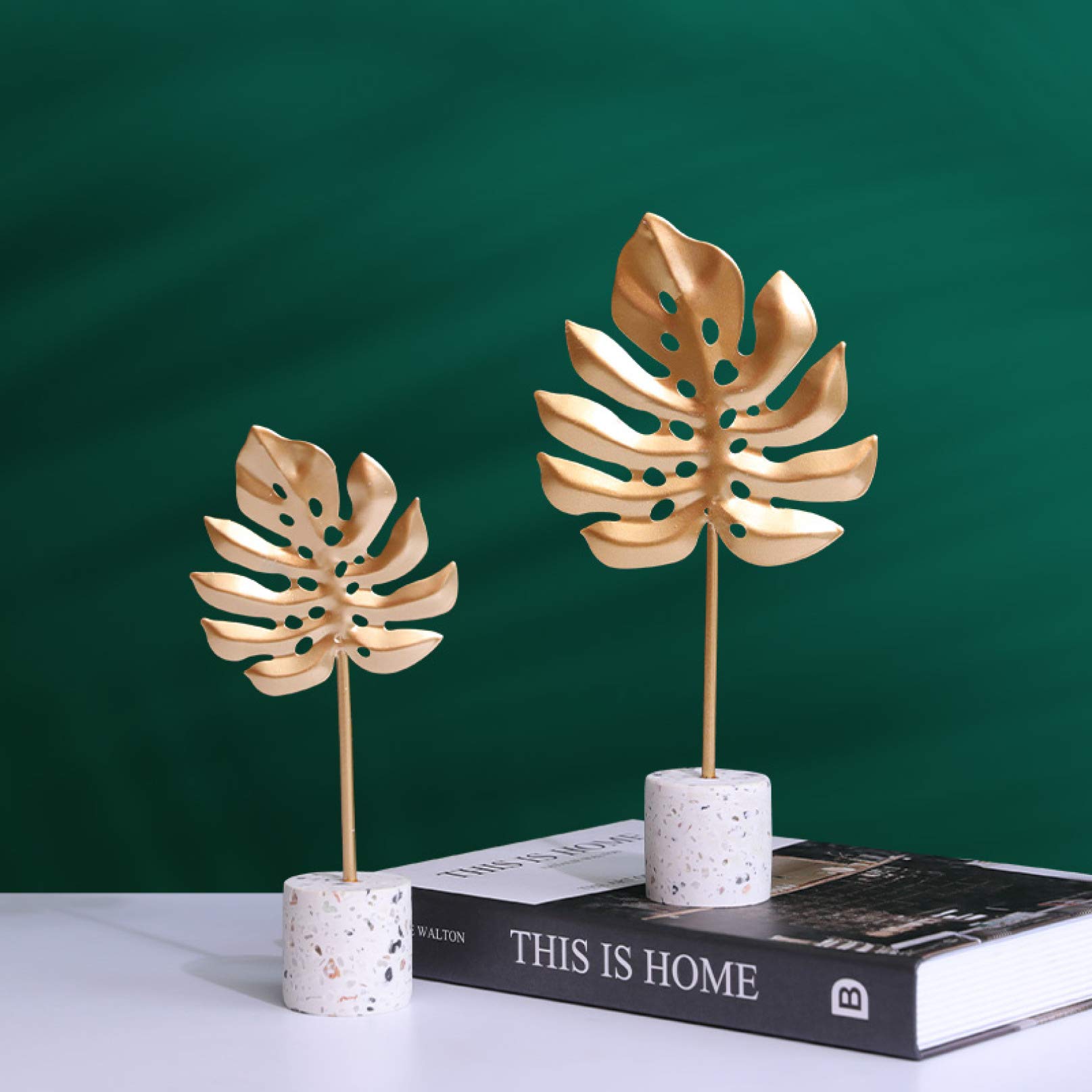 KKONION Nordic Golden Leaf Statue - Modern Metal Flower Sculpture, Contemporary Art Plant Figurine for Home & Office Decor - Perfect for Bookshelf, TV Stand, Desk & Living Room Décor
