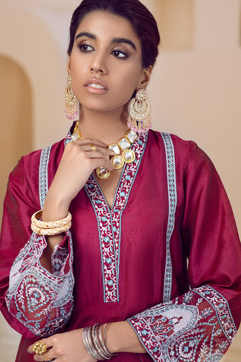 MAGENTA BLOOM EMBROIDERED SHIRT Women's Floral Embroidered Blouse - Elegant Casual Top for Spring Summer Outfits, Office Wear & Date Nights