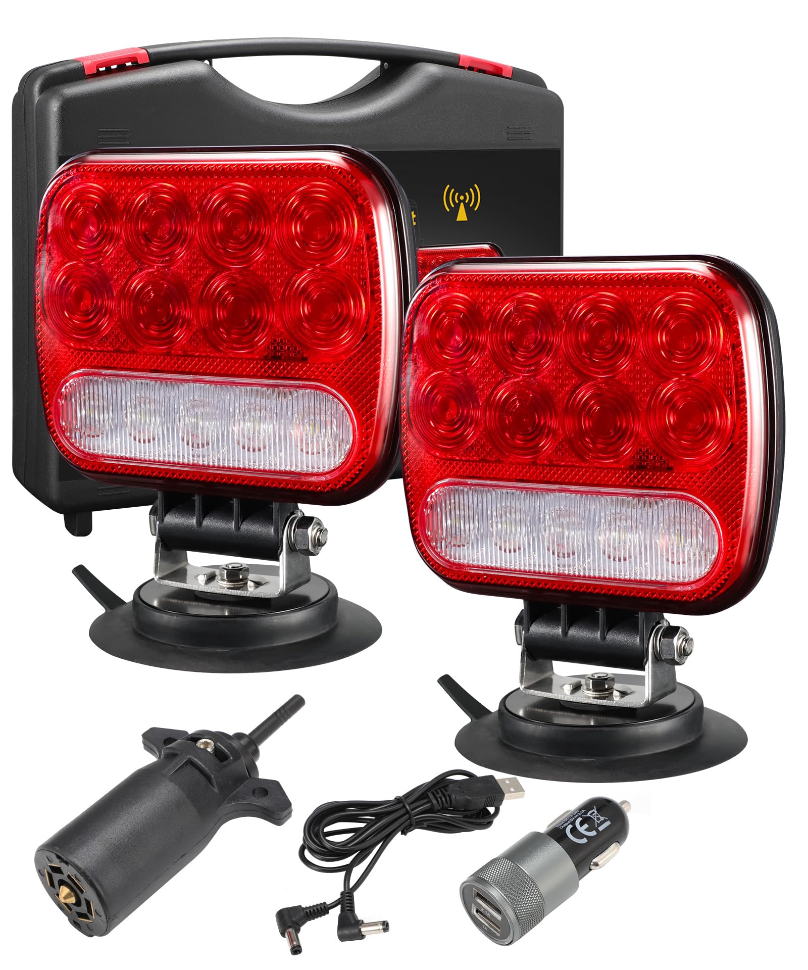 Partsam LED Magnetic Towing Tail Light Kit - Wireless LED Trailer Lights with Red+Clear Lens, 7-Pin Plug & Dual USB Charger - Universal Stop/Turn/Running/Backup Lights for Trucks & Trailers (12-24V) - Perfect for Night Towing, Camping & Roadside Safety