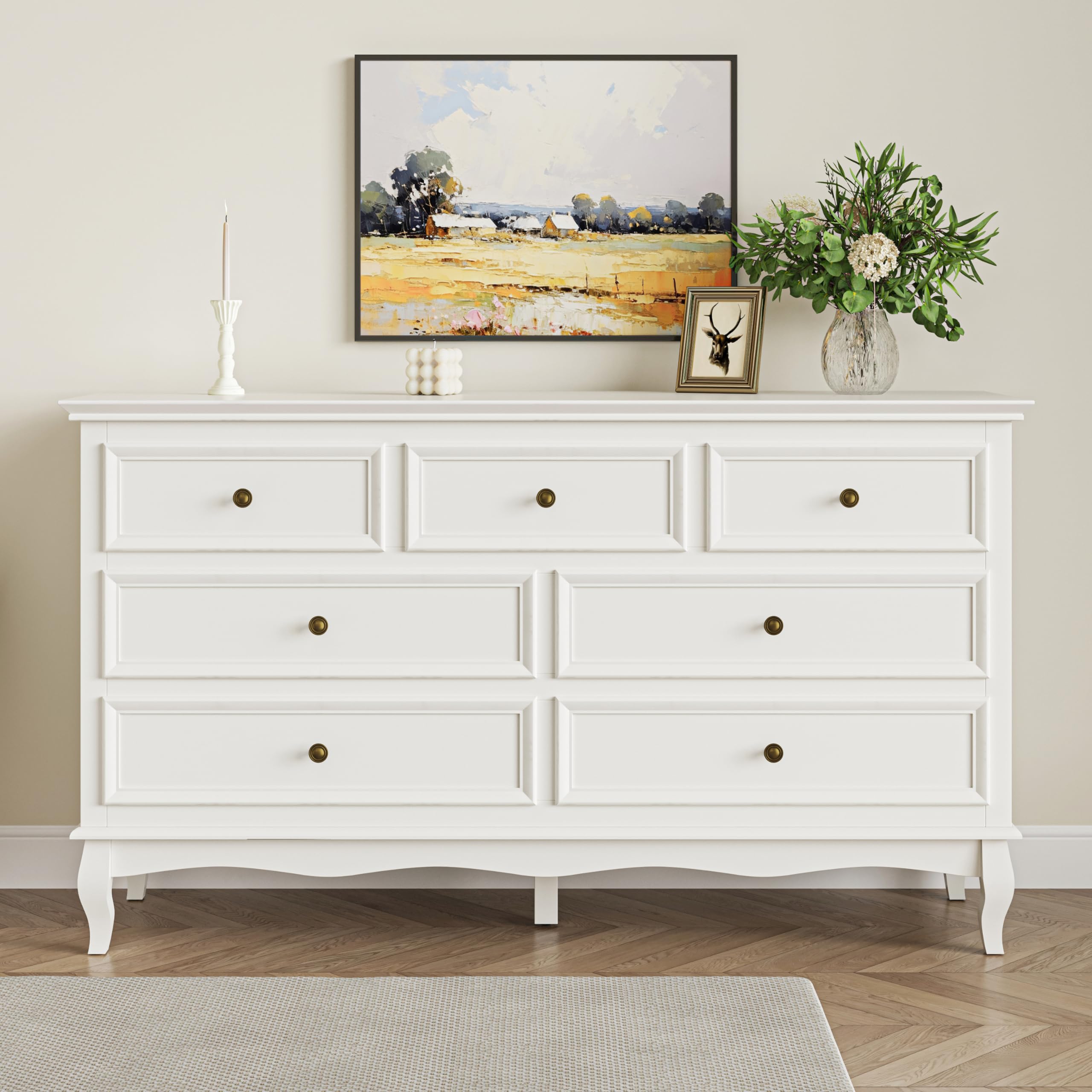 RoyalCraft White 7-Drawer Dresser for Bedroom - Modern Wooden Chest of Drawers with Solid Wood Legs & Painted Finish - Storage Cabinet Organizer for Clothes, Bedding, Accessories - Perfect for Bedroom, Living Room & Hallway Organization