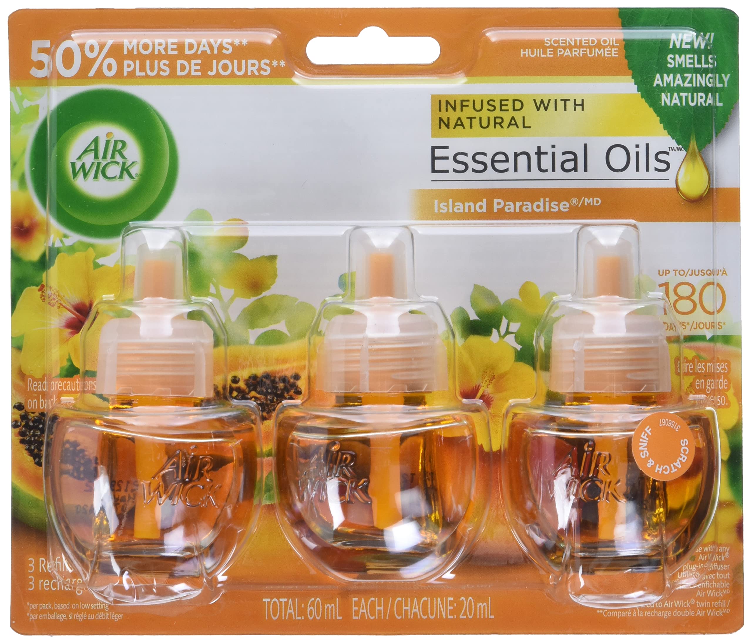 Air Wick Scented Oil Air Freshener Twin Refills - Island Paradise Fragrance, 0.67 oz, 3 Count Pack - Long-Lasting Home & Car Odor Eliminator for Bathroom, Living Room, and Office