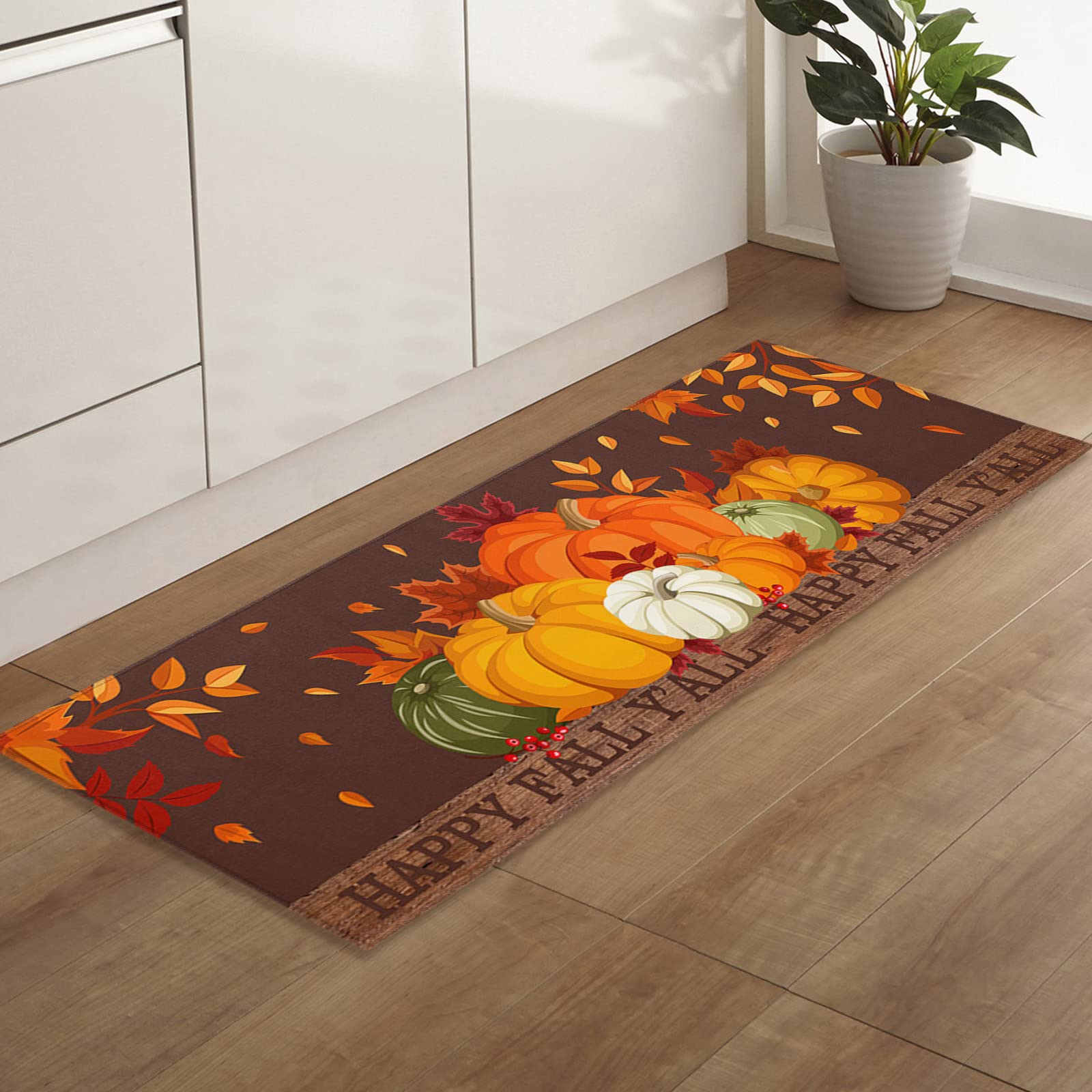 Soft Washable Indoor Door Mat - Autumn Farmhouse Pumpkin & Maple Leaf Non-Slip Bathroom Rug, Kitchen Carpet for Entryway, Front/Back Door - Perfect for Thanksgiving Decor & Fall Home Decor