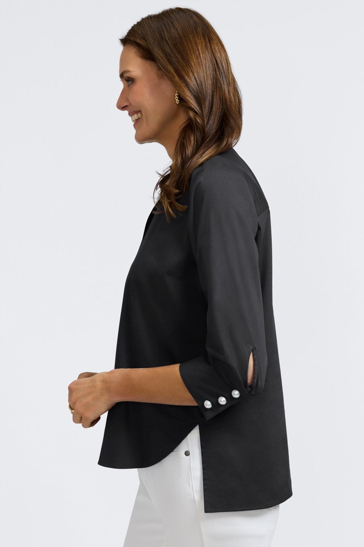 Pearl No Iron Stretch Matte Sateen 3/4 Sleeve Shirt for Women - Wrinkle-Free Comfort Blouse for Office & Business Casual Wear