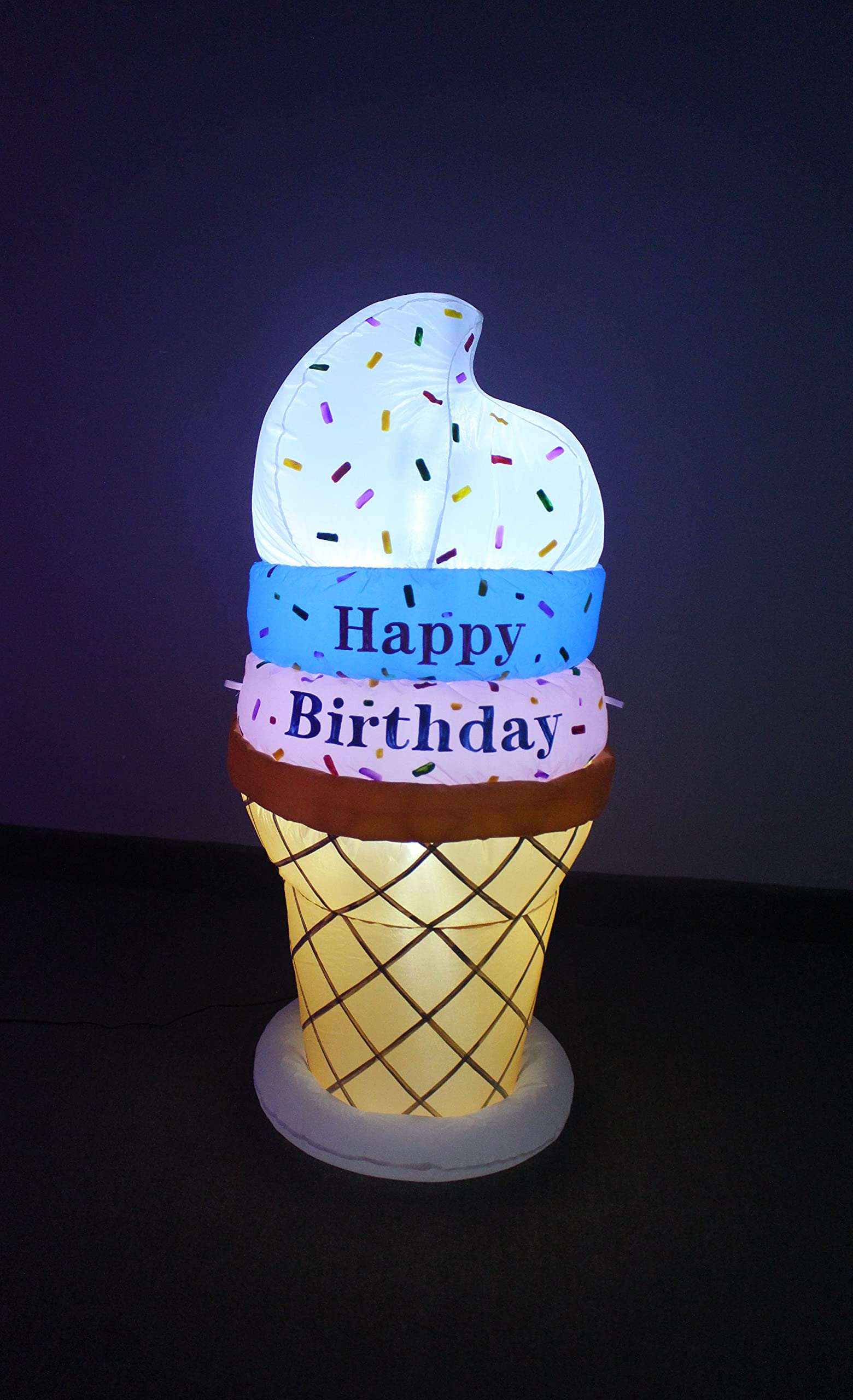 2-in-1 Birthday & Christmas Party Decorations Set - 4ft Inflatable Happy Birthday Ice Cream Cone & 5ft Snowman Camping Scene with Marshmallow Roasting - Perfect for Indoor/Outdoor Celebrations, Backyard Parties, and Holiday Festivities