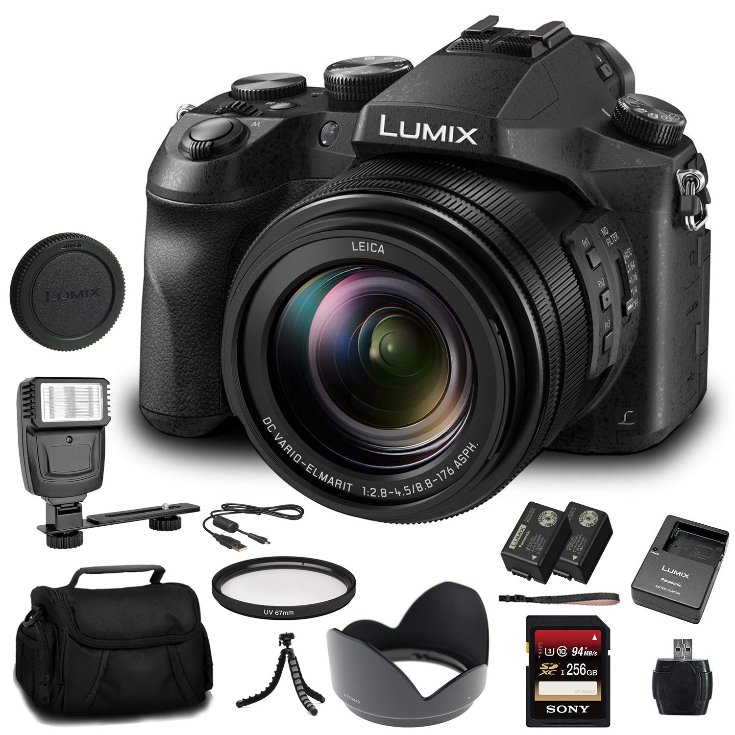 Panasonic Lumix DMC-FZ2500 4K Digital Camera Bundle with 256GB SD Card, Extra Battery, Flash, Tripod & Accessories Kit - Perfect for Travel Photography, Vlogging & Professional Shooting