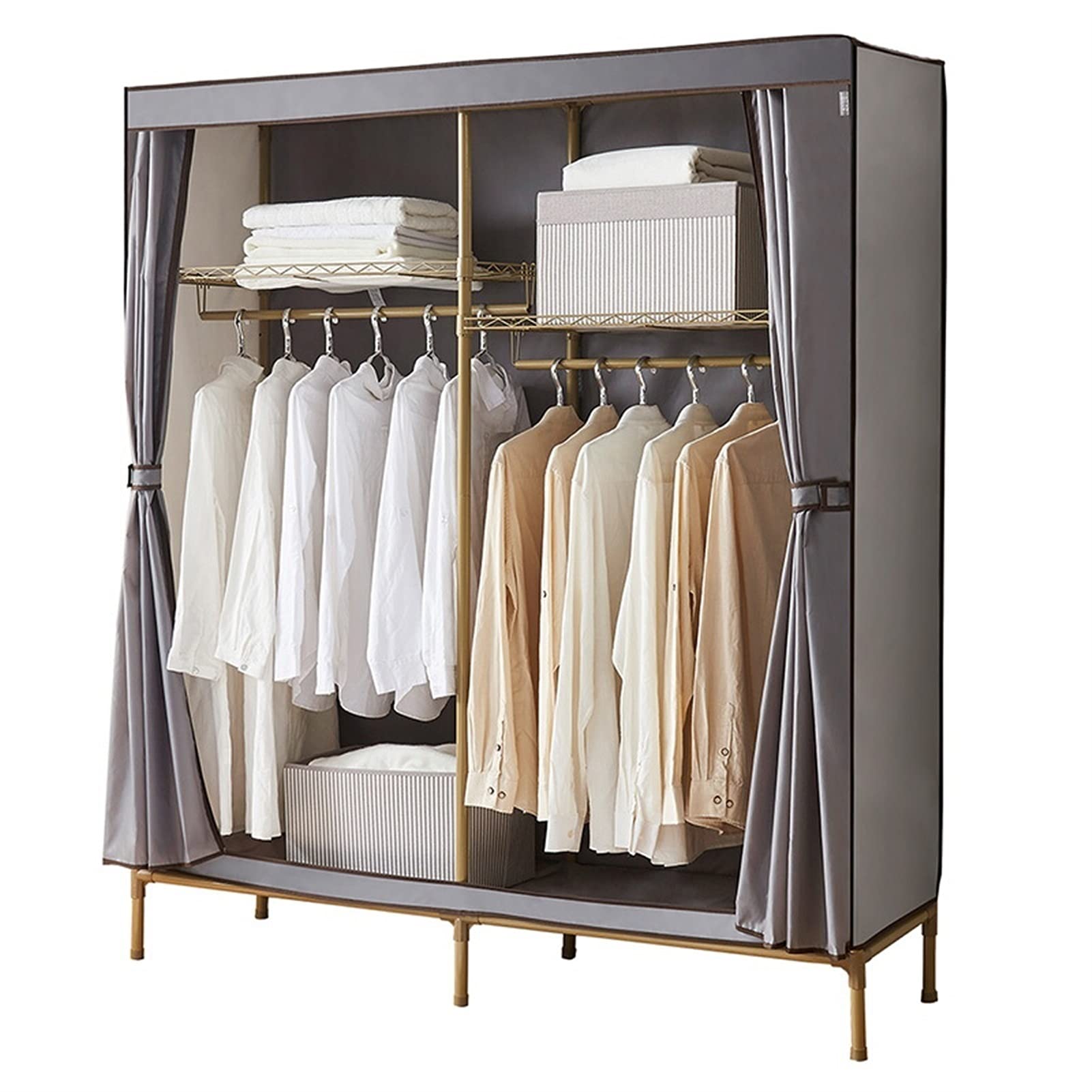 LICHUAN Portable Wardrobe Closet - Large Double Hanging Rod Oxford Fabric Storage Cabinet for Clothes, Gray Closet Organizer | Perfect for Small Spaces, Dorm Rooms & Travel Storage