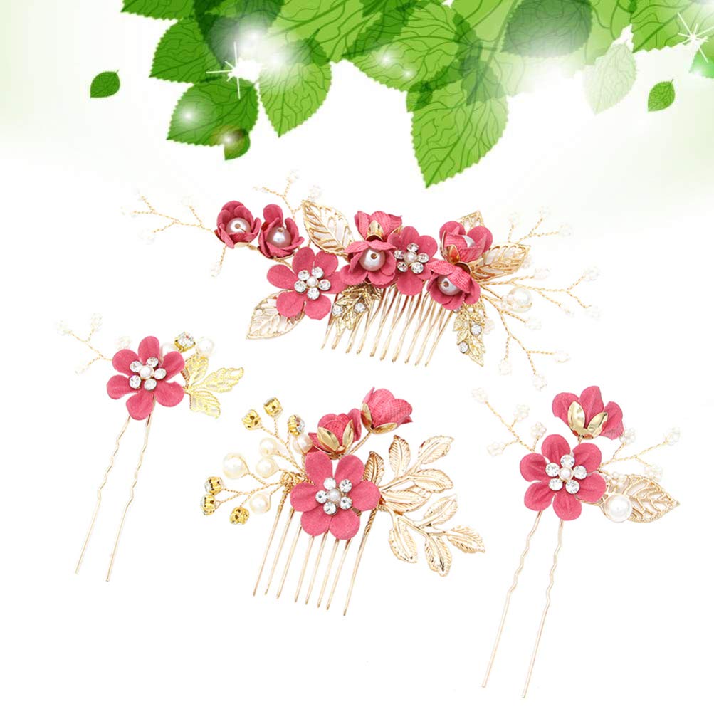 NUOBESTY 4 Pcs Rhinestone Crystal Floral Bridal Hair Clips - Wedding Hair Comb & Hair Pin Set for Brides, Prom, and Formal Events (Rosy)