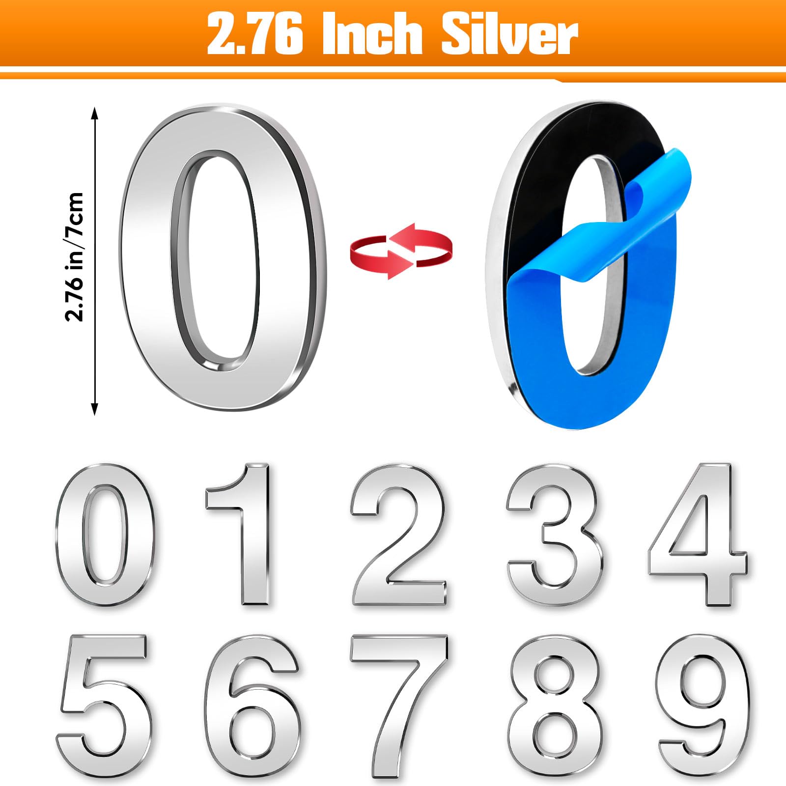 Ranslen 10-Piece 2.76 Inch Self-Adhesive 3D House Numbers 0-9 - Silver Electroplated Plastic Mailbox & Door Address Stickers for Home, Apartment, Office, Hotel Room - Easy Installation & Weatherproof Design