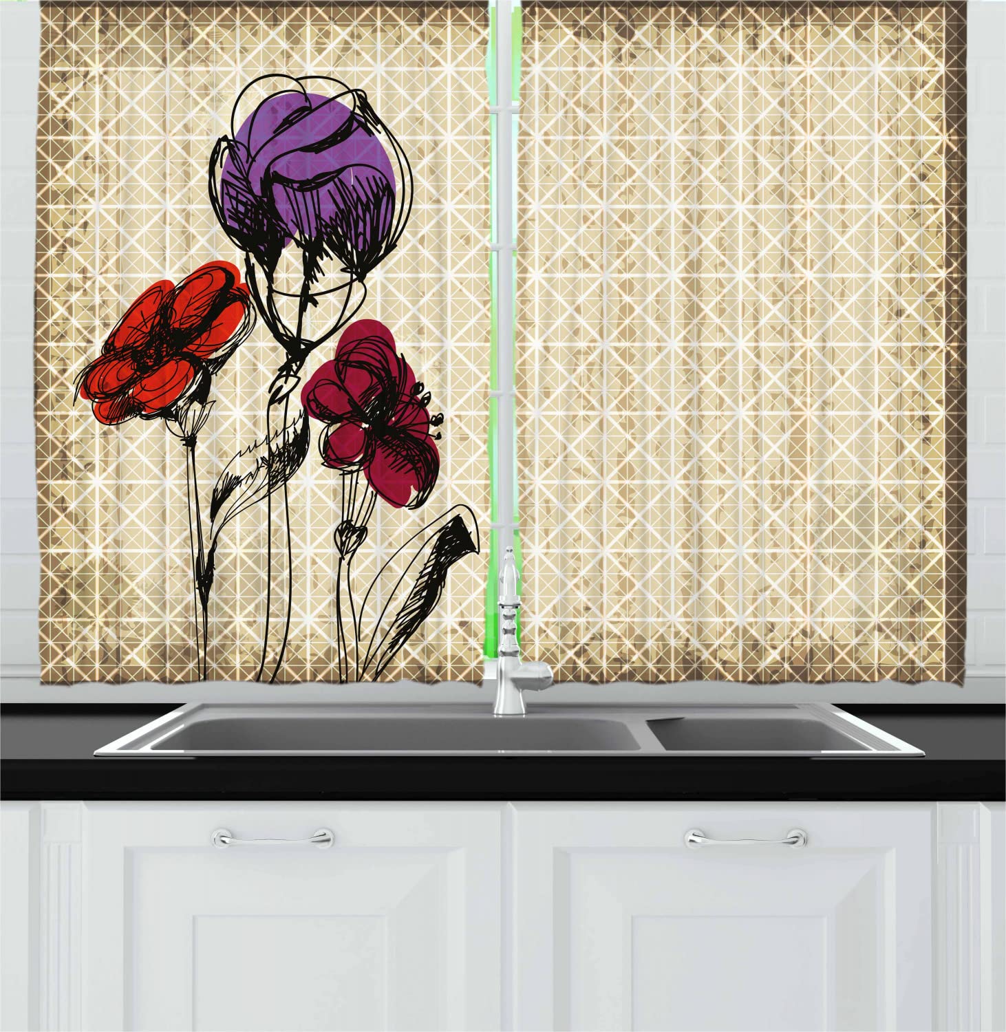 Ambesonne Floral Long Kitchen Curtains - Sketchy Flower Petals with Grunge Effects, 55