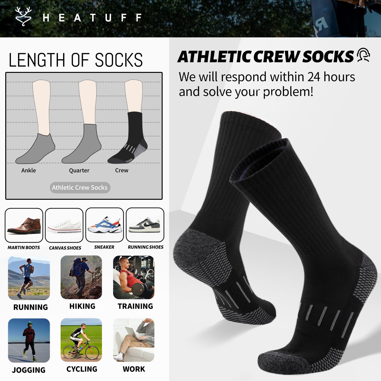 Heatuff Men’s 6-Pack Performance Crew Socks - Moisture Wicking Athletic Work Socks with Cushion Support for Running, Gym & Outdoor Activities