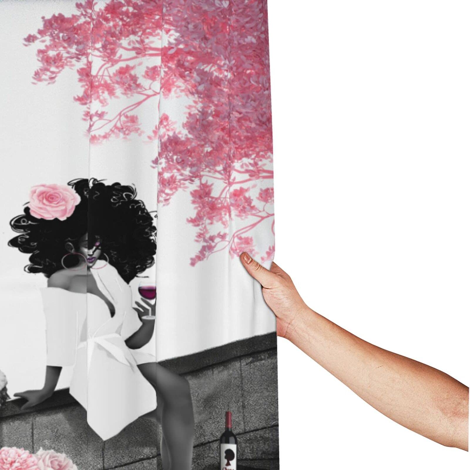 African American Shower Curtain - Stylish Black Woman & Eiffel Tower Design, Grey & Pink Waterproof Polyester Fabric Bath Curtain with Hooks, 66x72 Inches - Perfect for Modern Bathroom Decor & African American Home Aesthetics