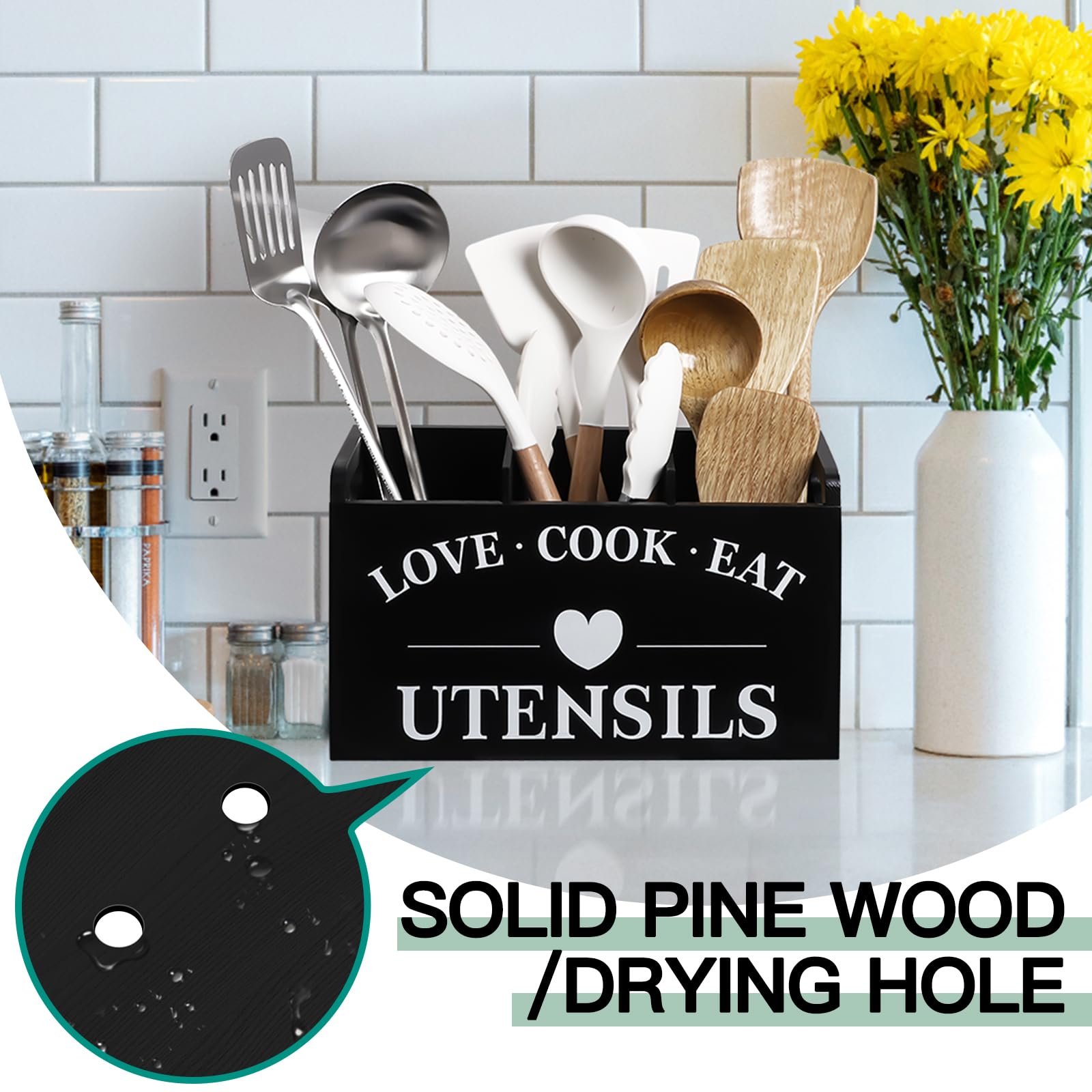 3 Compartment Wooden Utensil Holder - Large Kitchen Countertop Organizer for Cooking Tools, Spoons & Spatulas | Pine Wood Crock with Natural Finish | Perfect for Kitchen Decor & Utensil Storage (Black)