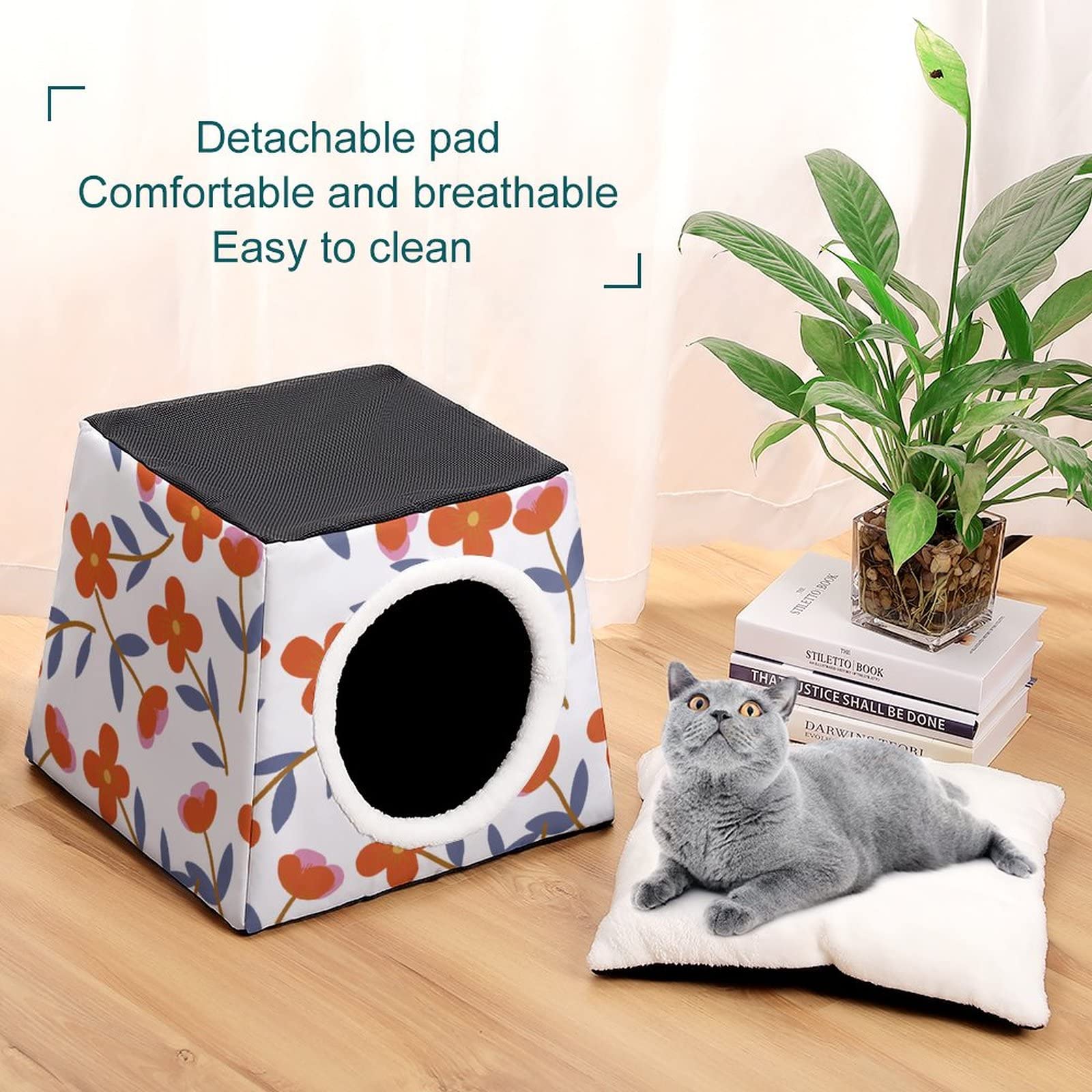 Printed Cat Cube Kitty House - Indoor Cat Bed & Small Dog Shelter, Warm & Cozy Pet Sofa with Red Flower Design | Perfect for Home Decor, Pet Nap Time & Cozy Winter Nights