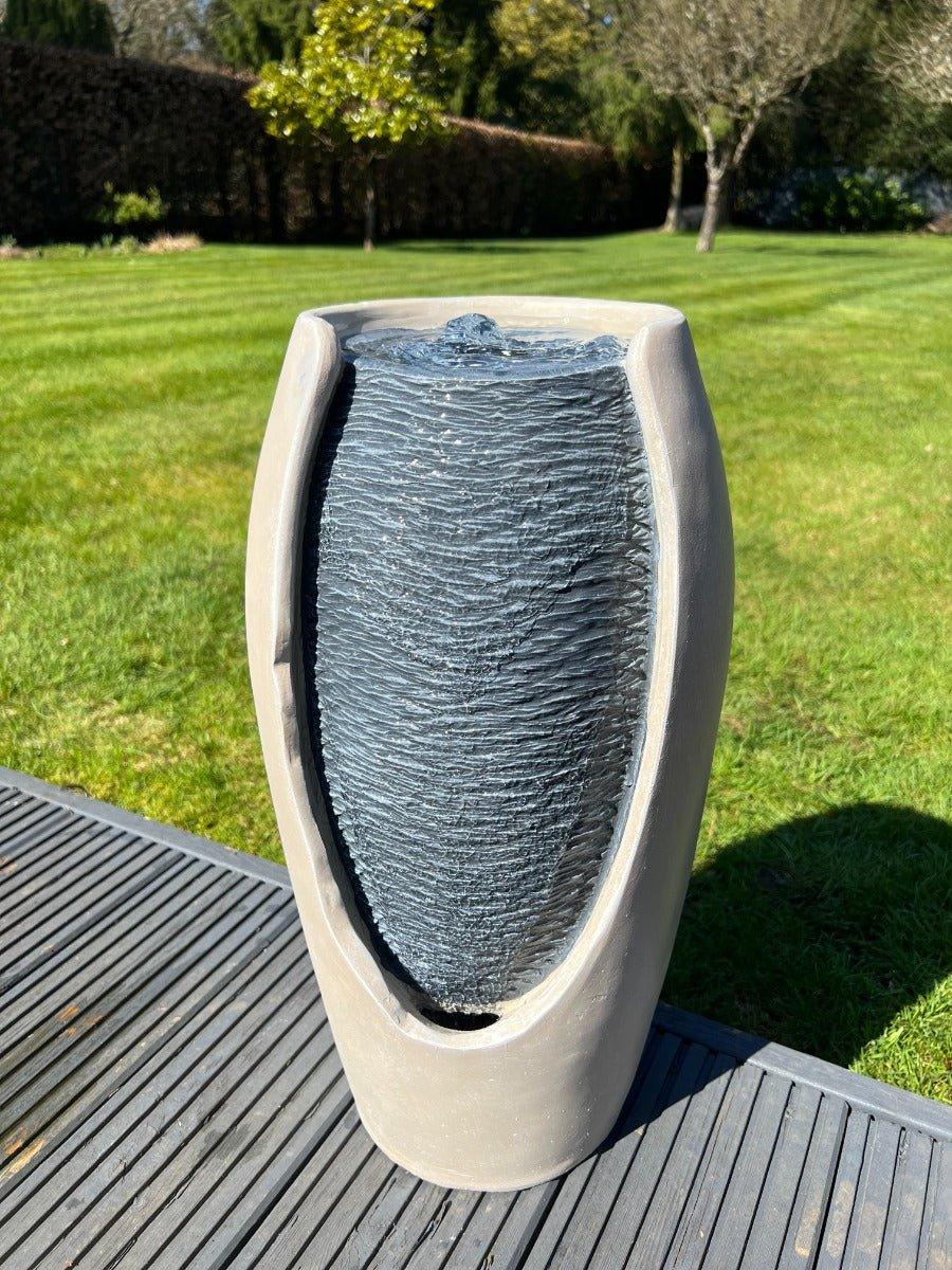 Solar Powered Open Vase Water Feature with LED Lights - White/Grey - 27x25x50cm - Perfect for Garden, Patio, and Outdoor Decor